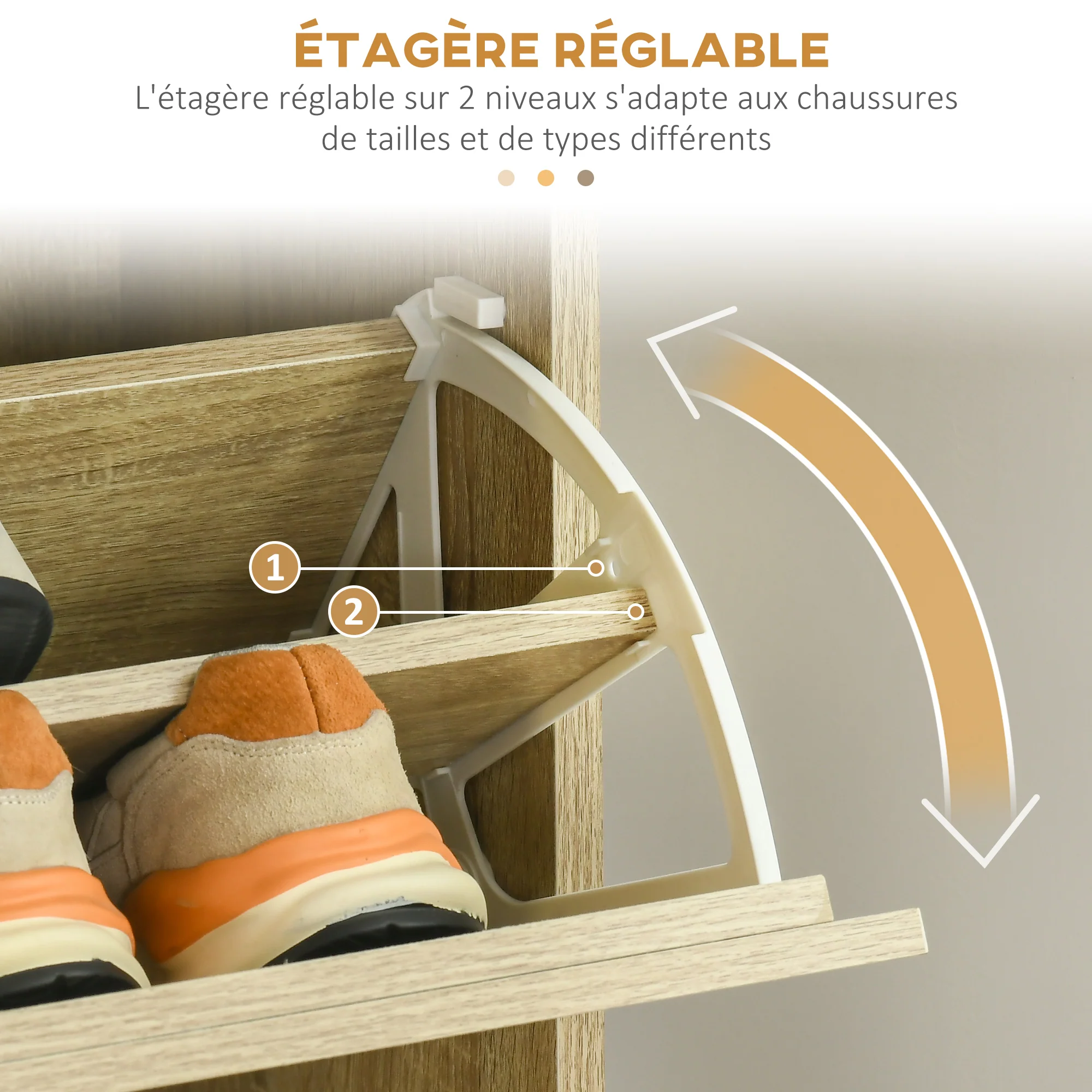 Meuble à chaussures à 3 abattants, 18 paires, armoire à chaussures 3 compartiments, grande capacité pour entrée, couloir, salon, 63 x 24 x 117 cm, chêne - Image 6