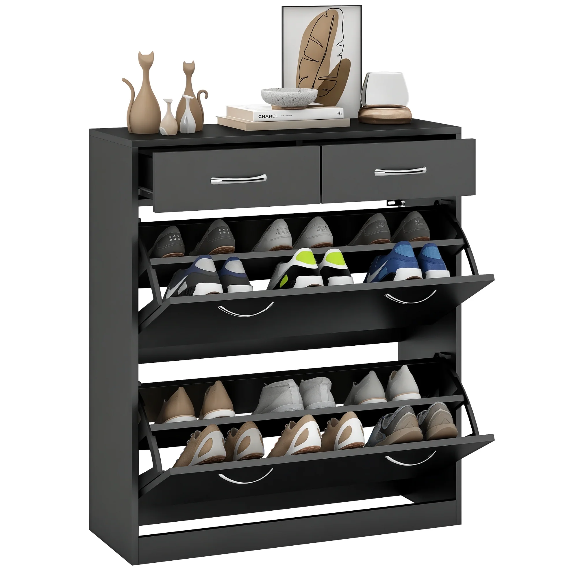 Meuble à chaussures armoire à chaussures - 2 tiroirs et 2 portes abattantes avec étagère réglable - 80 x 30 x 91,5 cm - poignées en aluminium, noir - Image 11