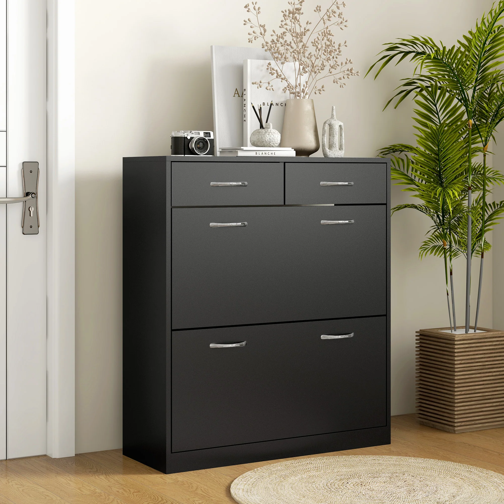 Meuble à chaussures armoire à chaussures - 2 tiroirs et 2 portes abattantes avec étagère réglable - 80 x 30 x 91,5 cm - poignées en aluminium, noir - Image 3