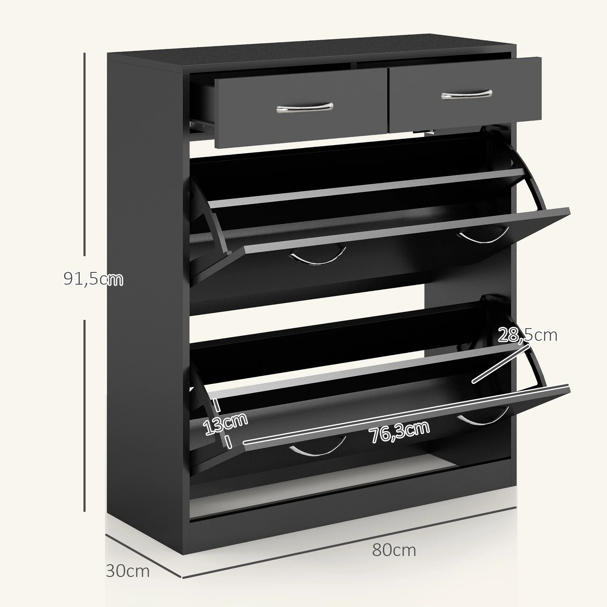 Meuble à chaussures armoire à chaussures - 2 tiroirs et 2 portes abattantes avec étagère réglable - 80 x 30 x 91,5 cm - poignées en aluminium, noir - Image 4