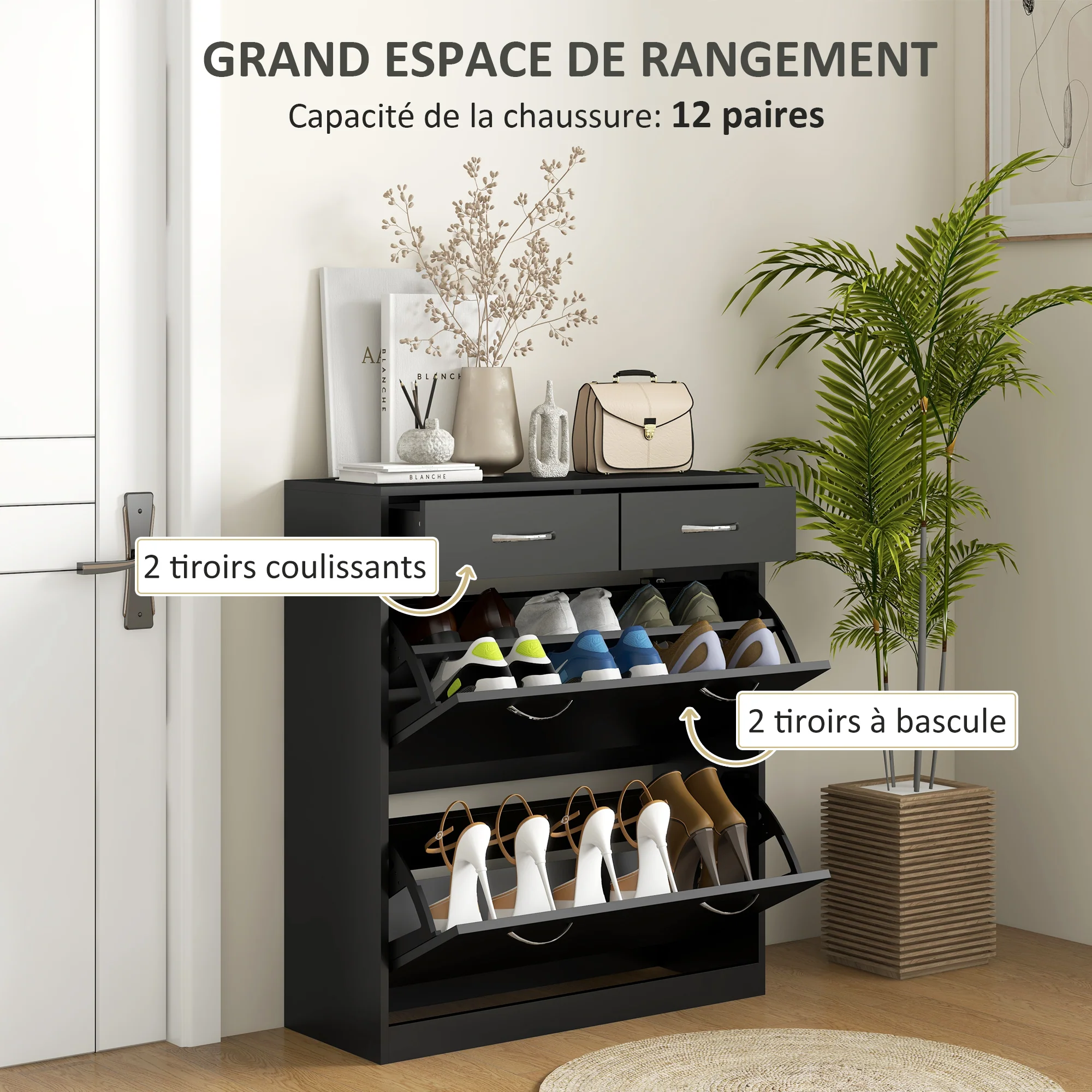 Meuble à chaussures armoire à chaussures - 2 tiroirs et 2 portes abattantes avec étagère réglable - 80 x 30 x 91,5 cm - poignées en aluminium, noir - Image 5
