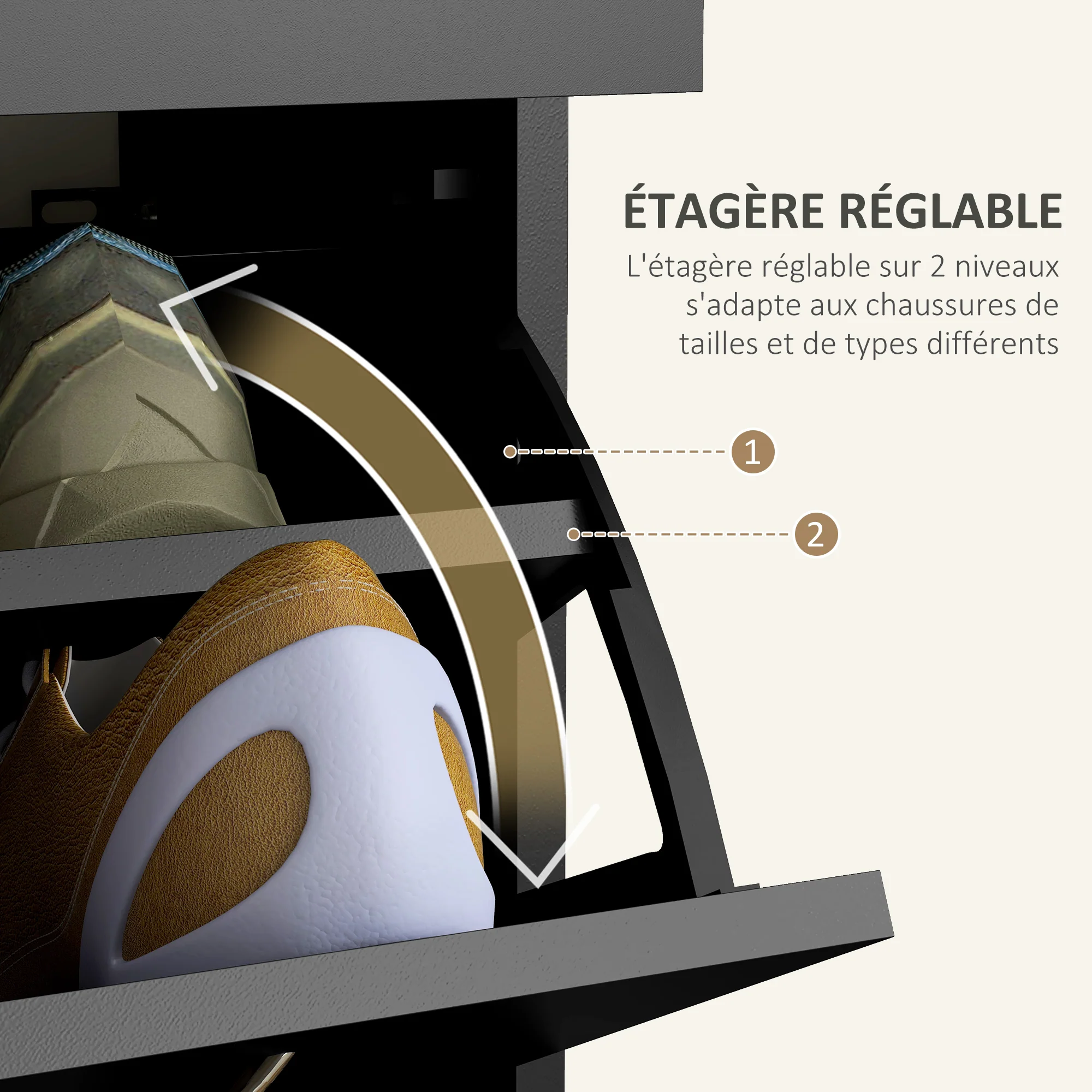 Meuble à chaussures armoire à chaussures - 2 tiroirs et 2 portes abattantes avec étagère réglable - 80 x 30 x 91,5 cm - poignées en aluminium, noir - Image 6
