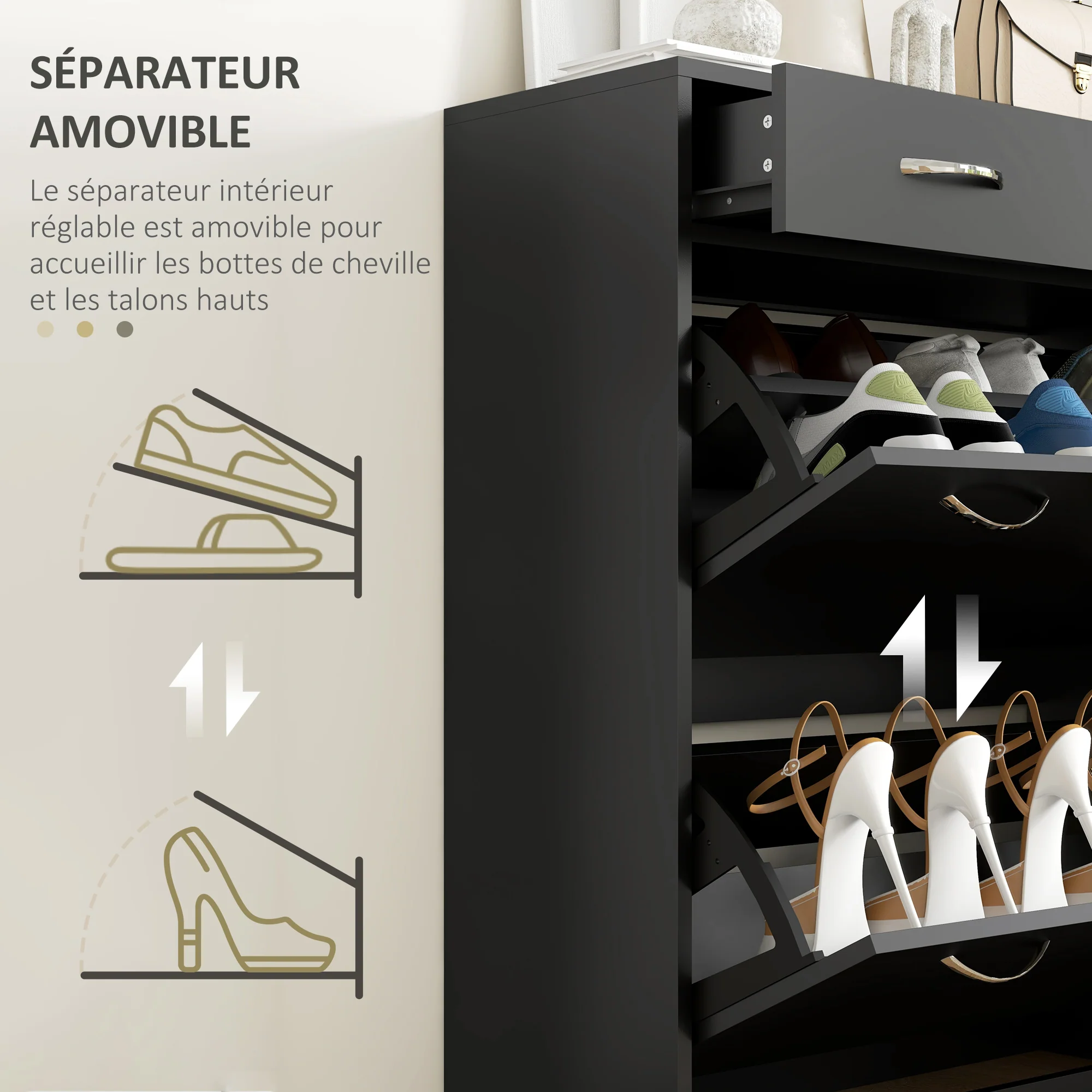 Meuble à chaussures armoire à chaussures - 2 tiroirs et 2 portes abattantes avec étagère réglable - 80 x 30 x 91,5 cm - poignées en aluminium, noir - Image 7