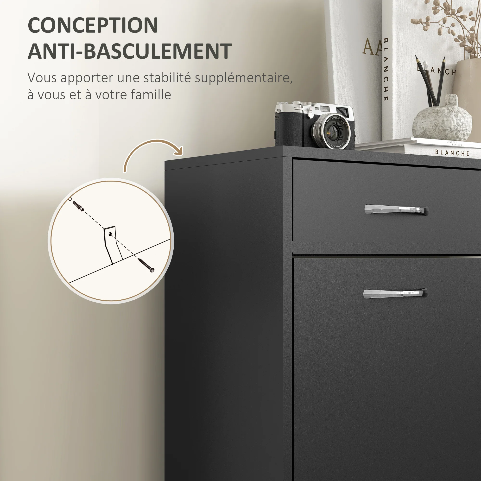 Meuble à chaussures armoire à chaussures - 2 tiroirs et 2 portes abattantes avec étagère réglable - 80 x 30 x 91,5 cm - poignées en aluminium, noir - Image 8