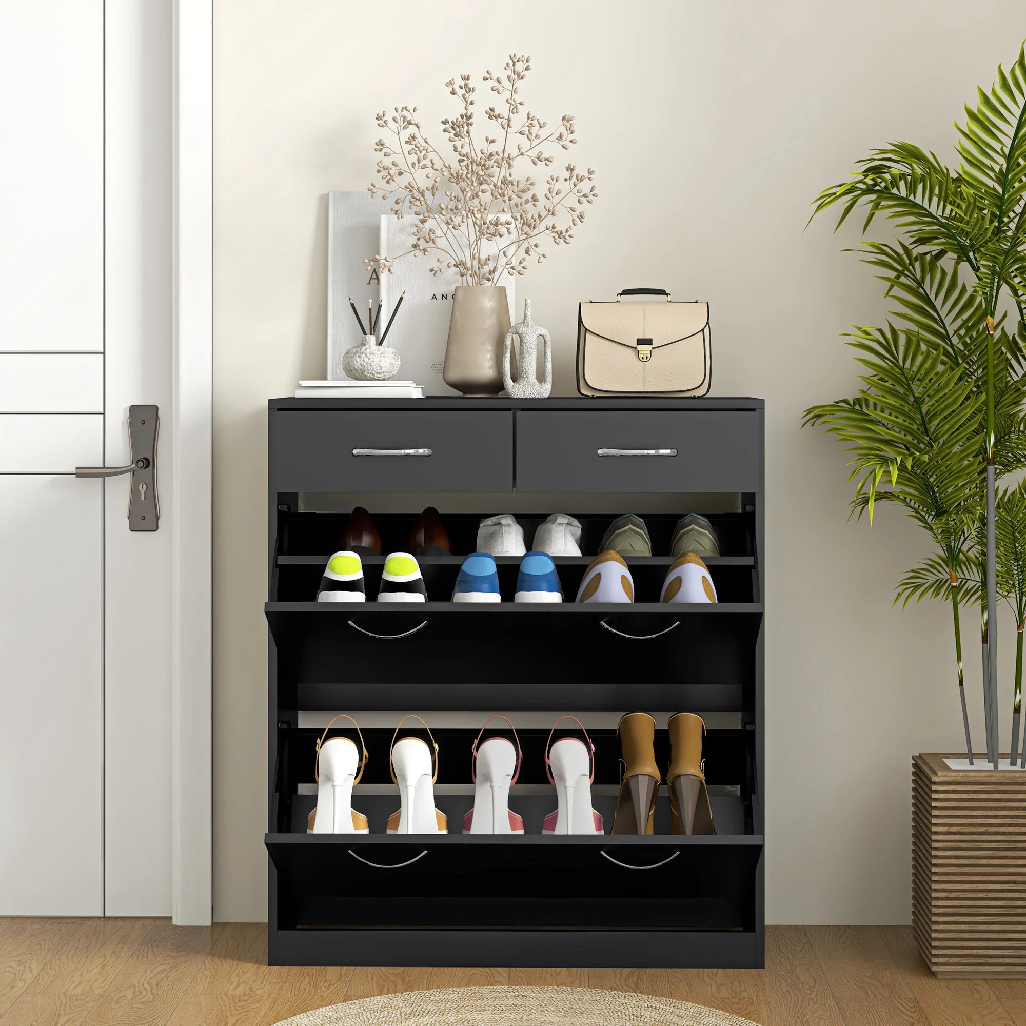 Meuble à chaussures armoire à chaussures - 2 tiroirs et 2 portes abattantes avec étagère réglable - 80 x 30 x 91,5 cm - poignées en aluminium, noir - Image 9