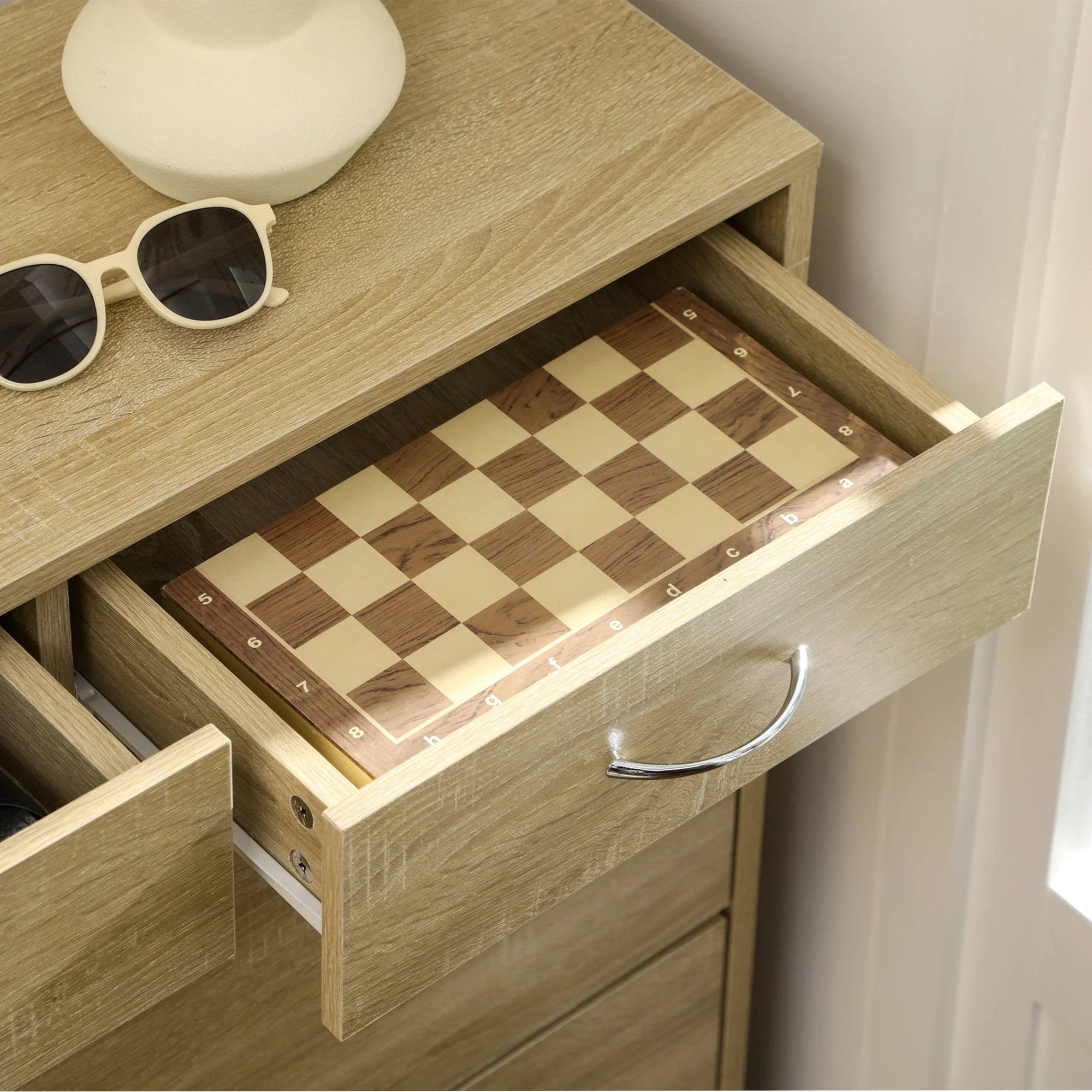 Meuble à chaussures armoire à chaussures - 2 tiroirs et 2 portes abattantes avec étagère réglable - 80 x 30 x 91,5 cm - poignées alu. naturel - Image 10