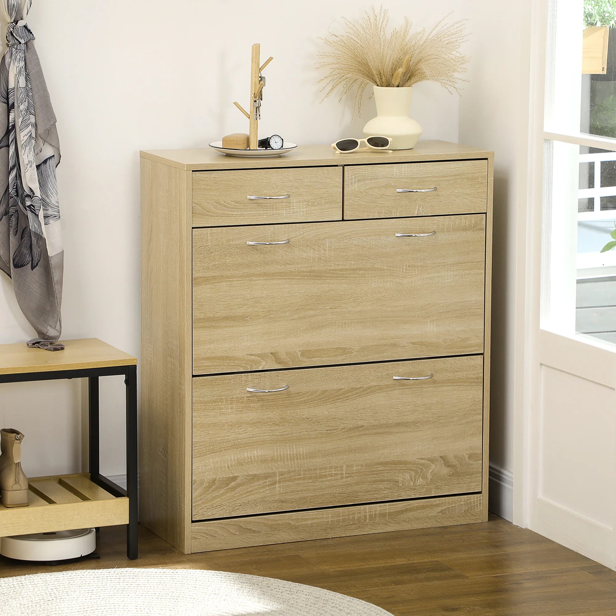 Meuble à chaussures armoire à chaussures - 2 tiroirs et 2 portes abattantes avec étagère réglable - 80 x 30 x 91,5 cm - poignées alu. naturel - Image 3