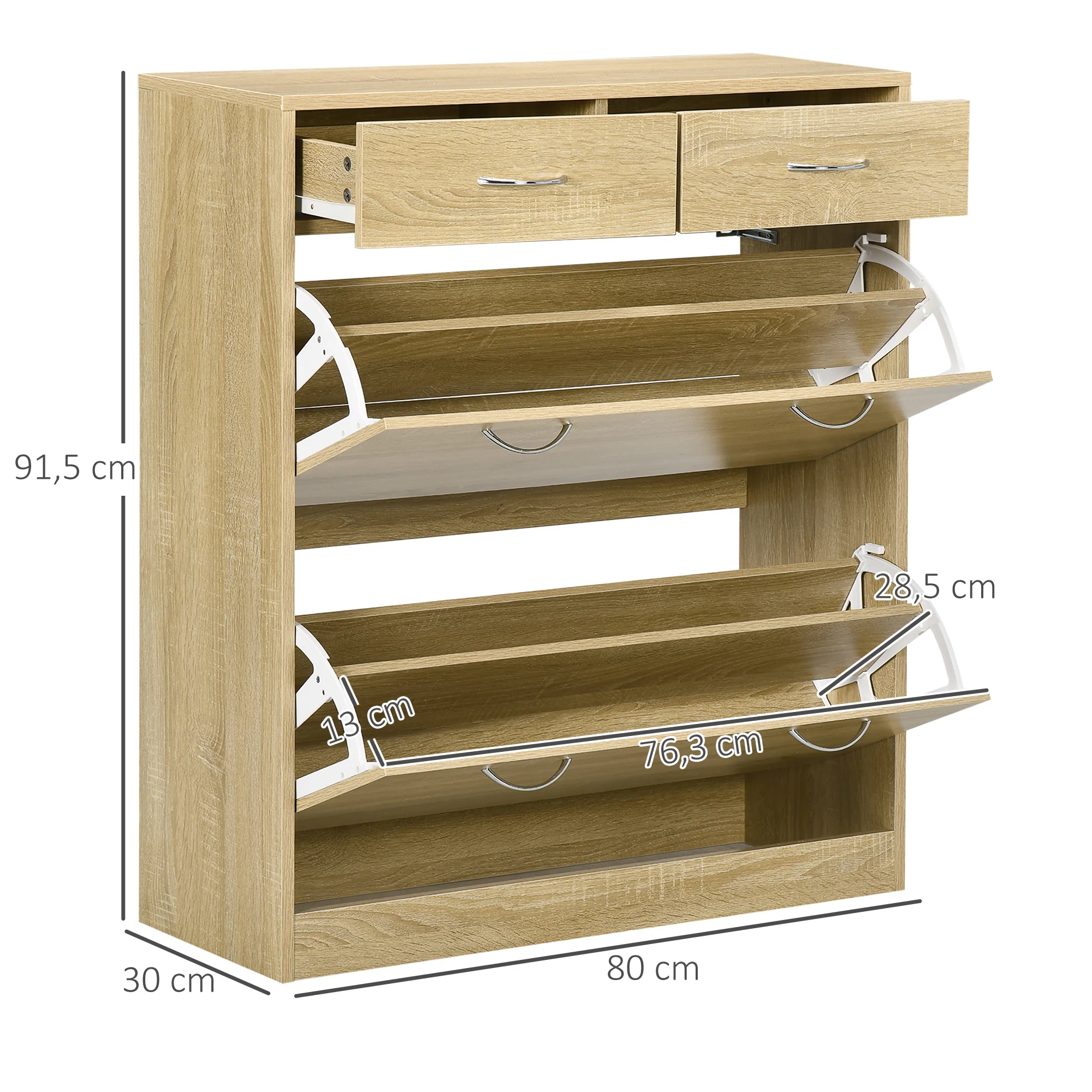 Meuble à chaussures armoire à chaussures - 2 tiroirs et 2 portes abattantes avec étagère réglable - 80 x 30 x 91,5 cm - poignées alu. naturel - Image 4
