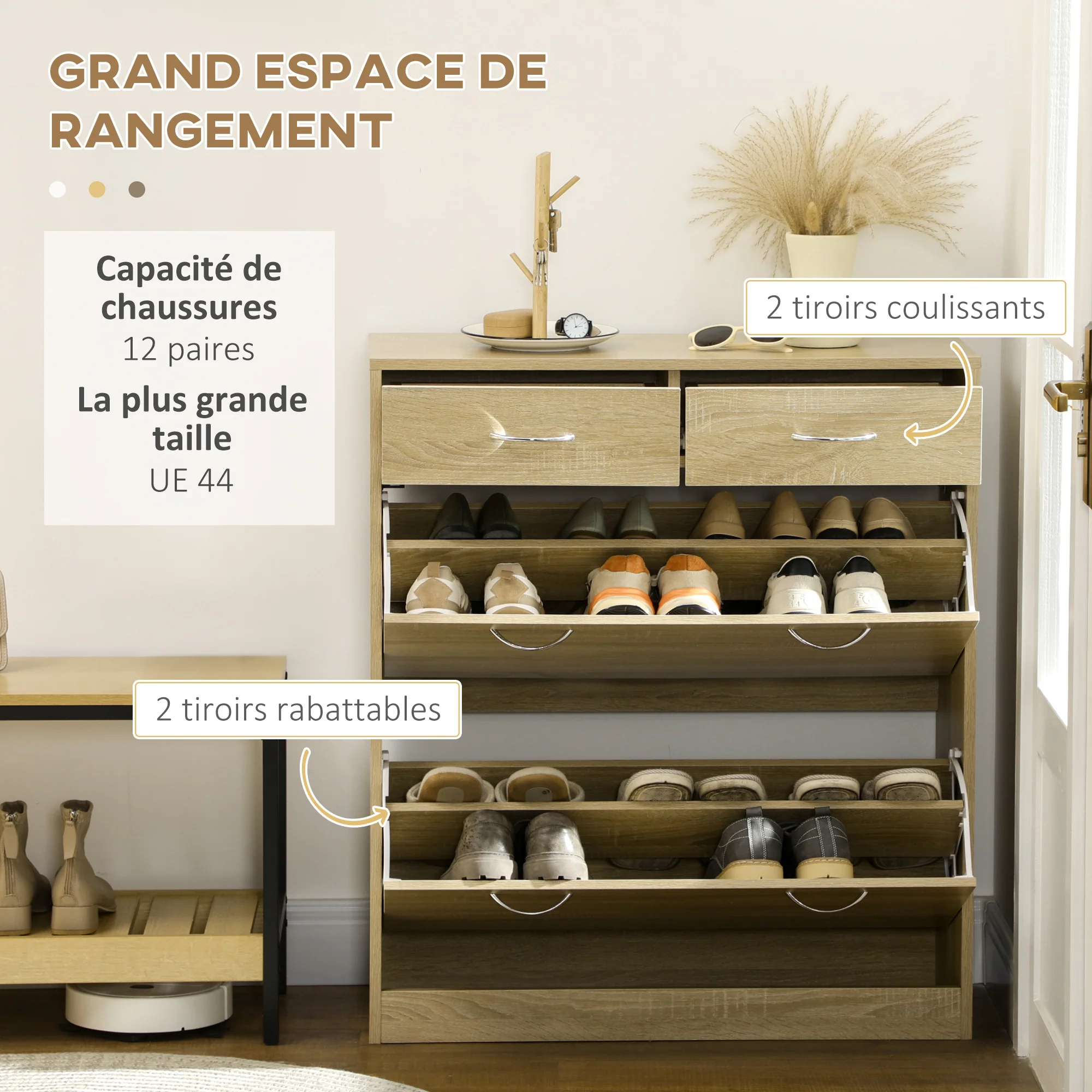 Meuble à chaussures armoire à chaussures - 2 tiroirs et 2 portes abattantes avec étagère réglable - 80 x 30 x 91,5 cm - poignées alu. naturel - Image 5