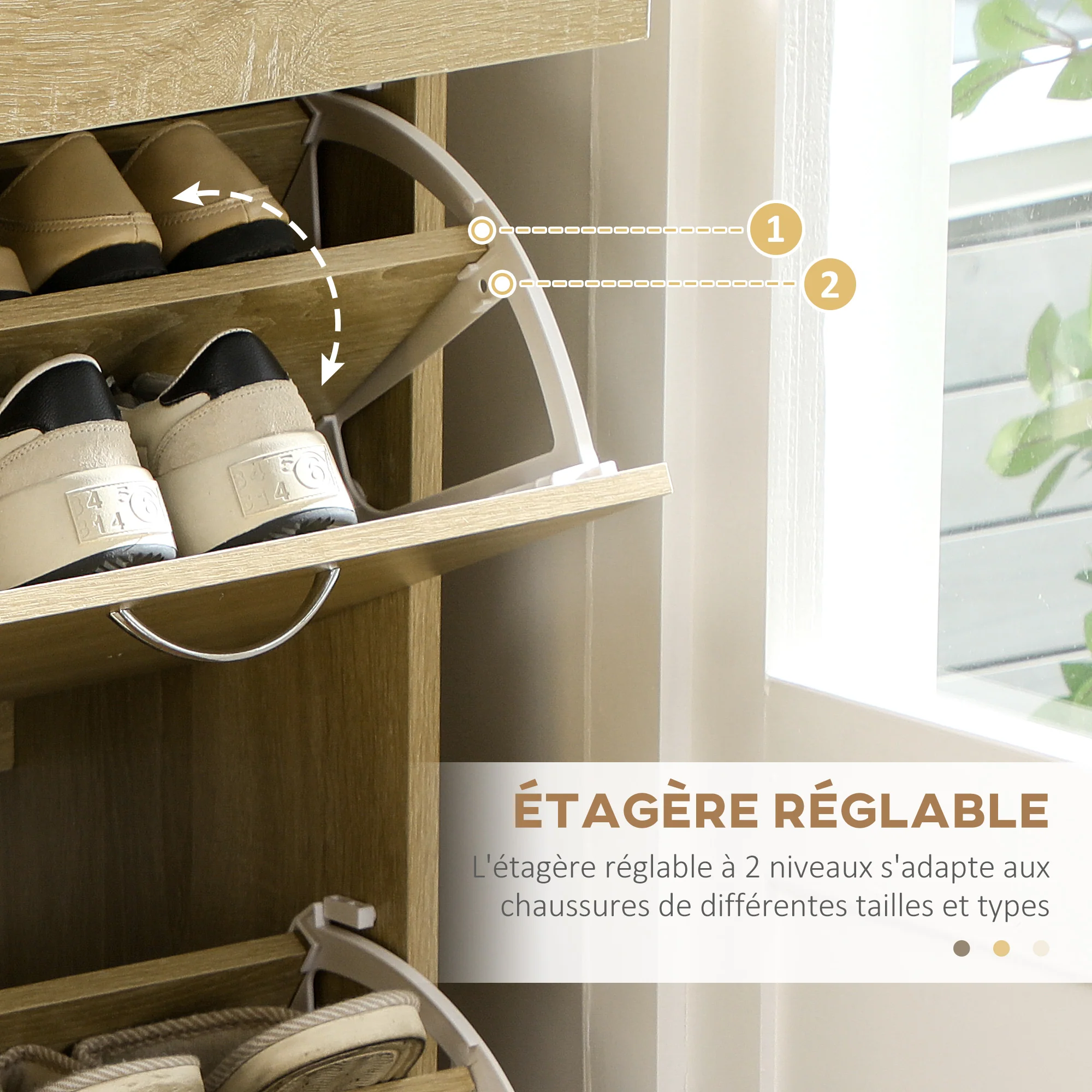 Meuble à chaussures armoire à chaussures - 2 tiroirs et 2 portes abattantes avec étagère réglable - 80 x 30 x 91,5 cm - poignées alu. naturel - Image 6