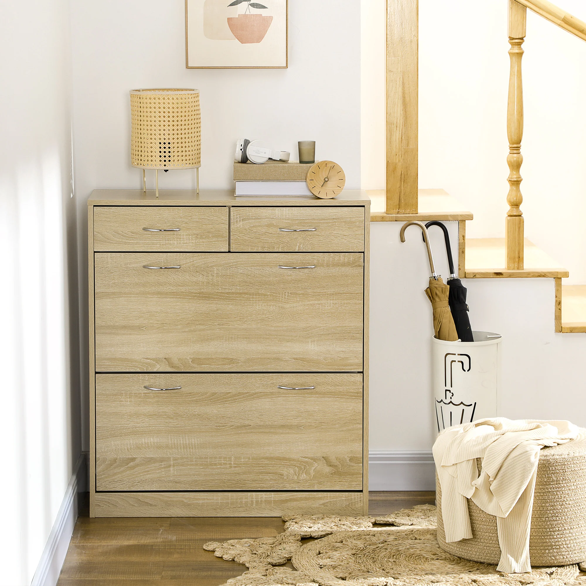 Meuble à chaussures armoire à chaussures - 2 tiroirs et 2 portes abattantes avec étagère réglable - 80 x 30 x 91,5 cm - poignées alu. naturel - Image 9