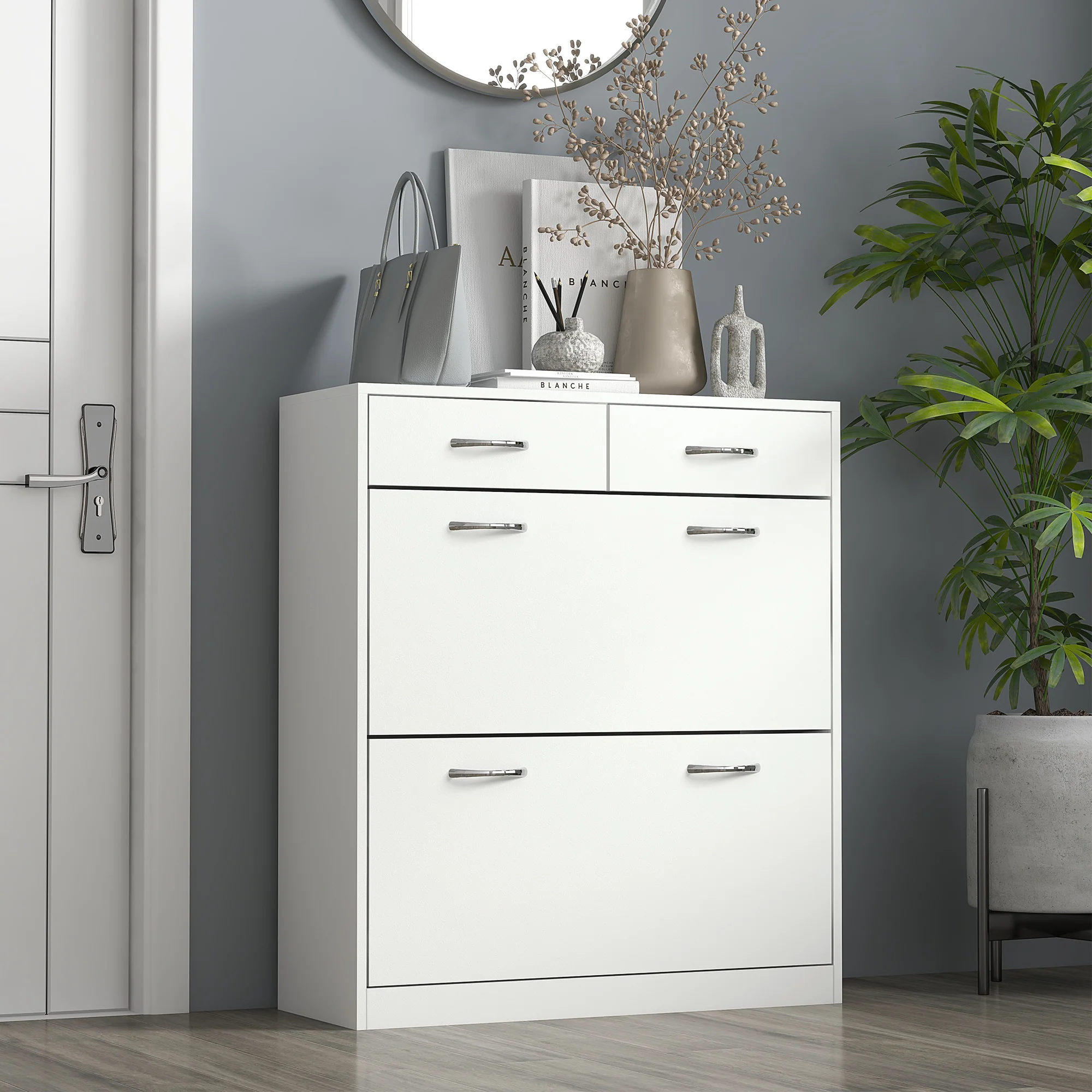 Meuble à chaussures armoire à chaussures - 2 tiroirs et 2 portes abattantes avec étagère réglable - 80 x 30 x 91,5 cm - poignées en aluminium, blanc - Image 3