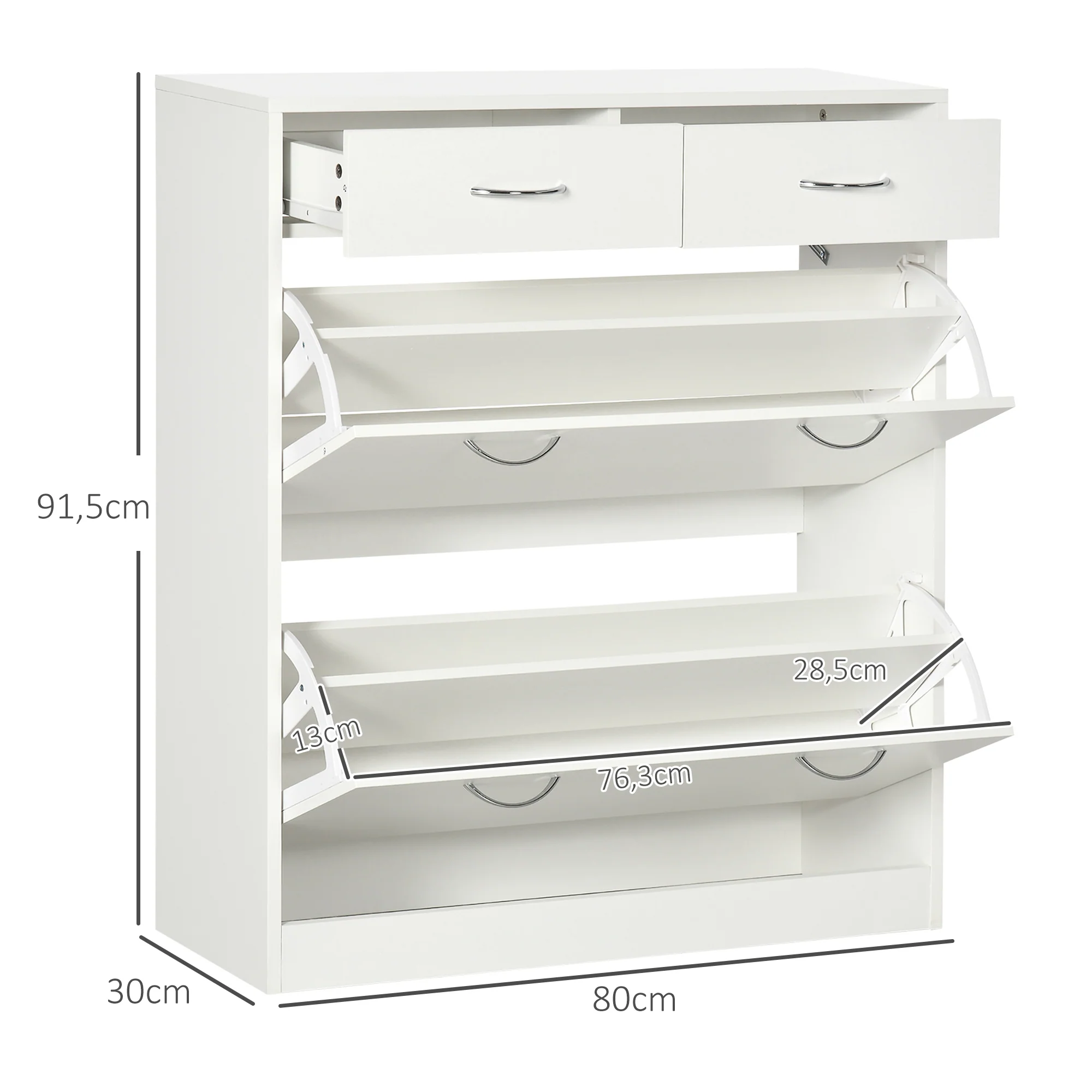 Meuble à chaussures armoire à chaussures - 2 tiroirs et 2 portes abattantes avec étagère réglable - 80 x 30 x 91,5 cm - poignées en aluminium, blanc - Image 4