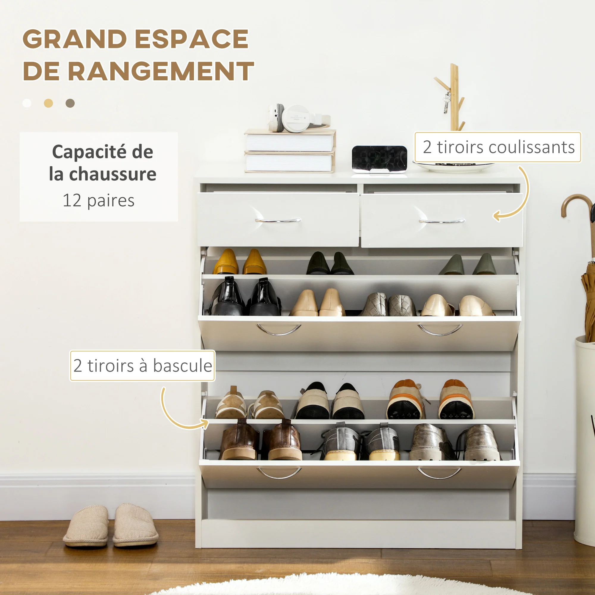 Meuble à chaussures armoire à chaussures - 2 tiroirs et 2 portes abattantes avec étagère réglable - 80 x 30 x 91,5 cm - poignées en aluminium, blanc - Image 5