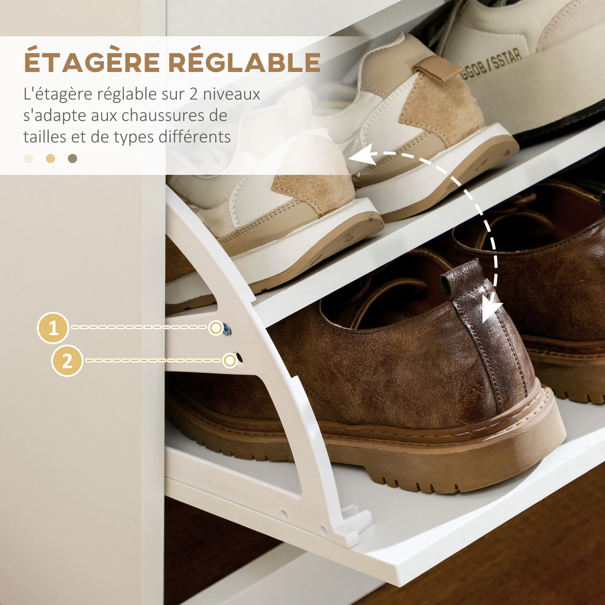 Meuble à chaussures armoire à chaussures - 2 tiroirs et 2 portes abattantes avec étagère réglable - 80 x 30 x 91,5 cm - poignées en aluminium, blanc - Image 6