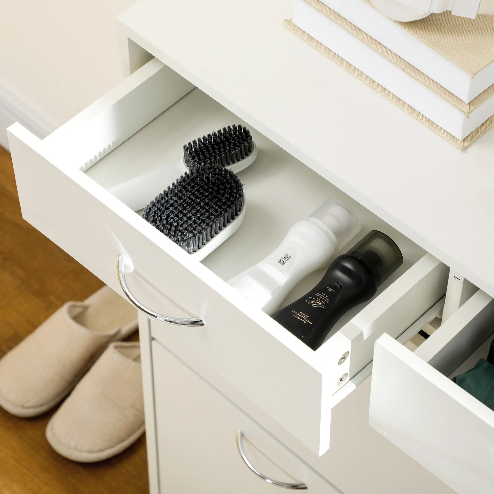 Meuble à chaussures armoire à chaussures - 2 tiroirs et 2 portes abattantes avec étagère réglable - 80 x 30 x 91,5 cm - poignées en aluminium, blanc - Image 9
