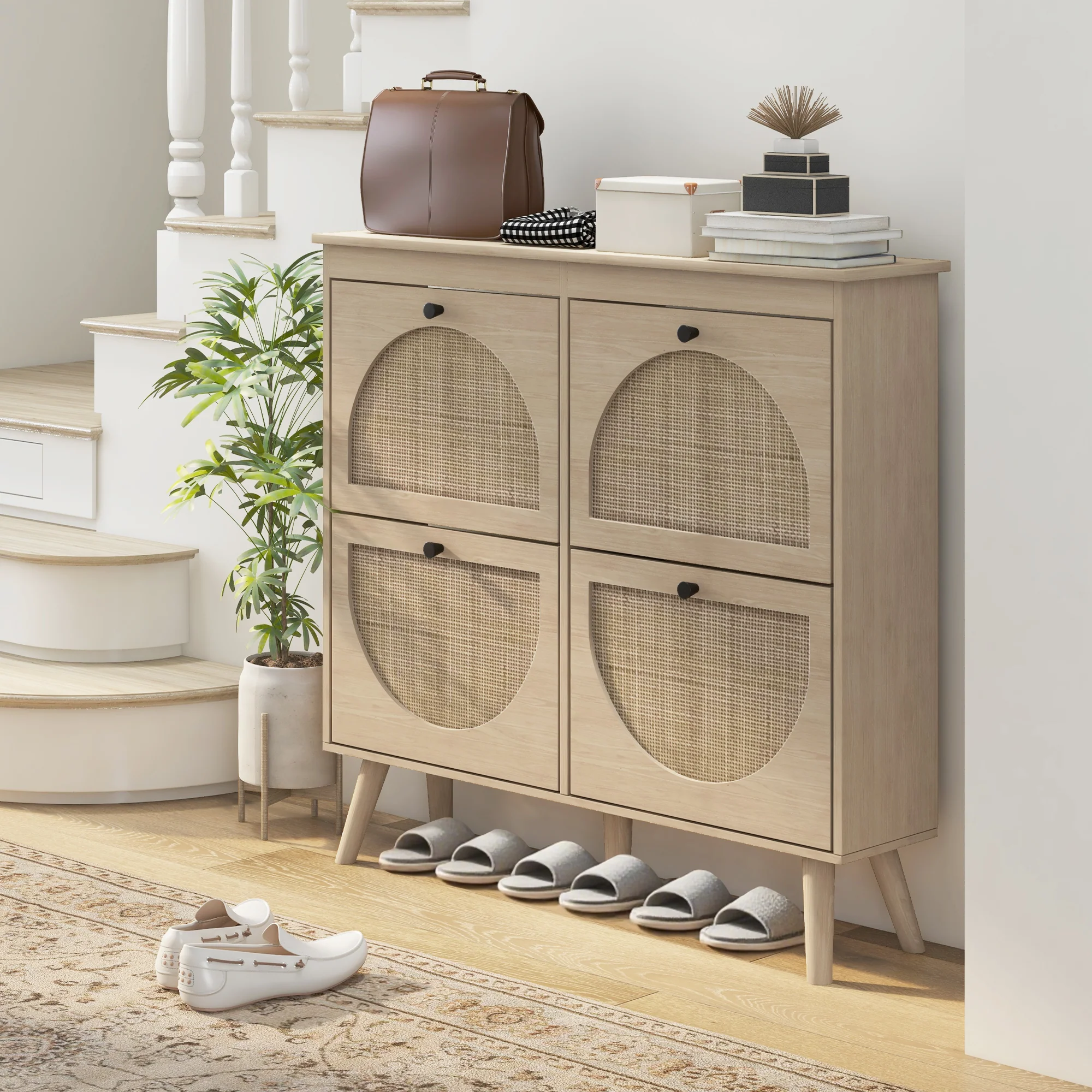 Meuble à chaussures armoire à chaussures 4 abattants 20 paires avec étagère réglable style bohème pieds en bois massif 105 x 24 x 97,5 cm naturel - Image 3