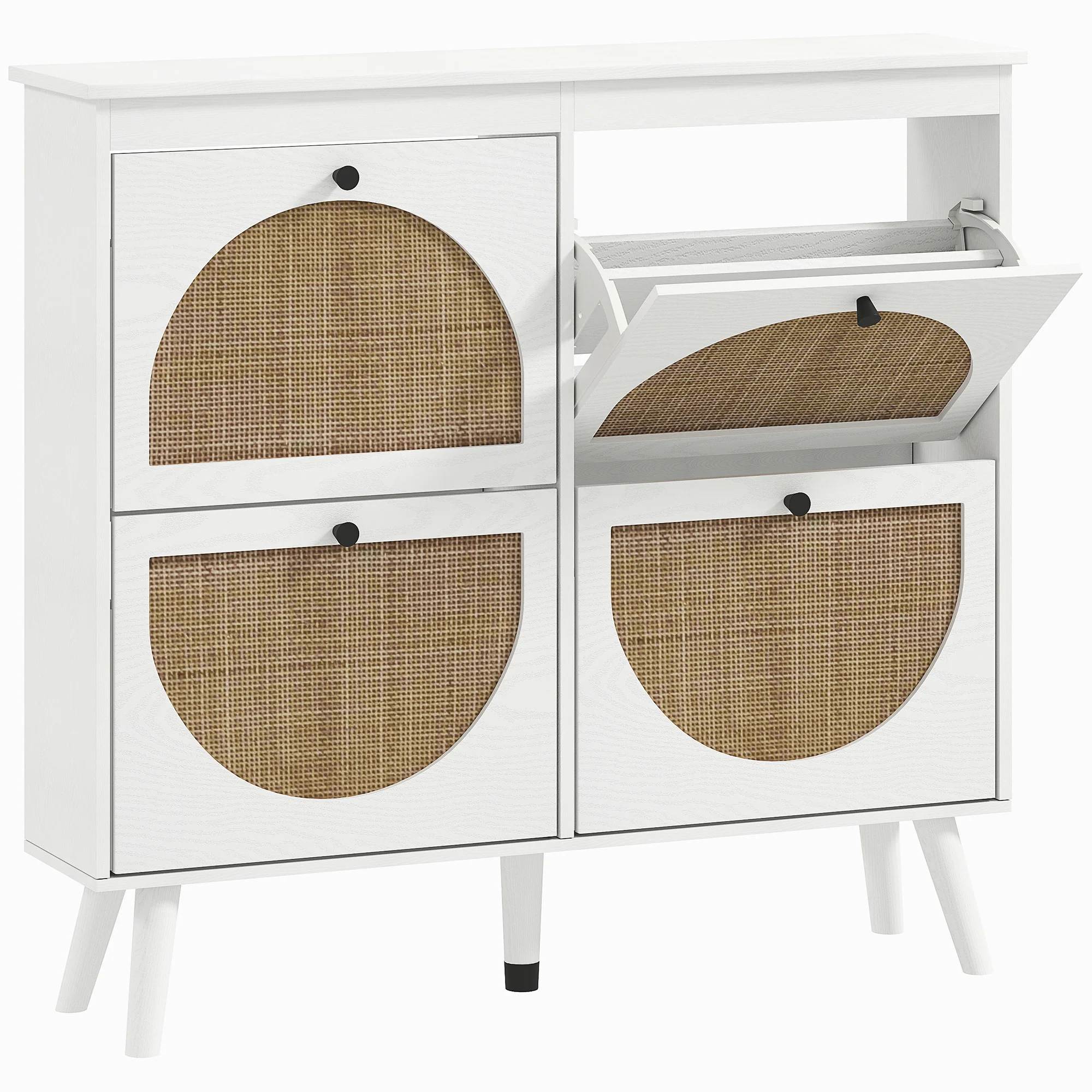 Meuble à chaussures armoire à chaussures 4 abattants 20 paires avec étagère réglable style bohème pieds en bois massif 105 x 24 x 97,5 cm blanc - Image 2