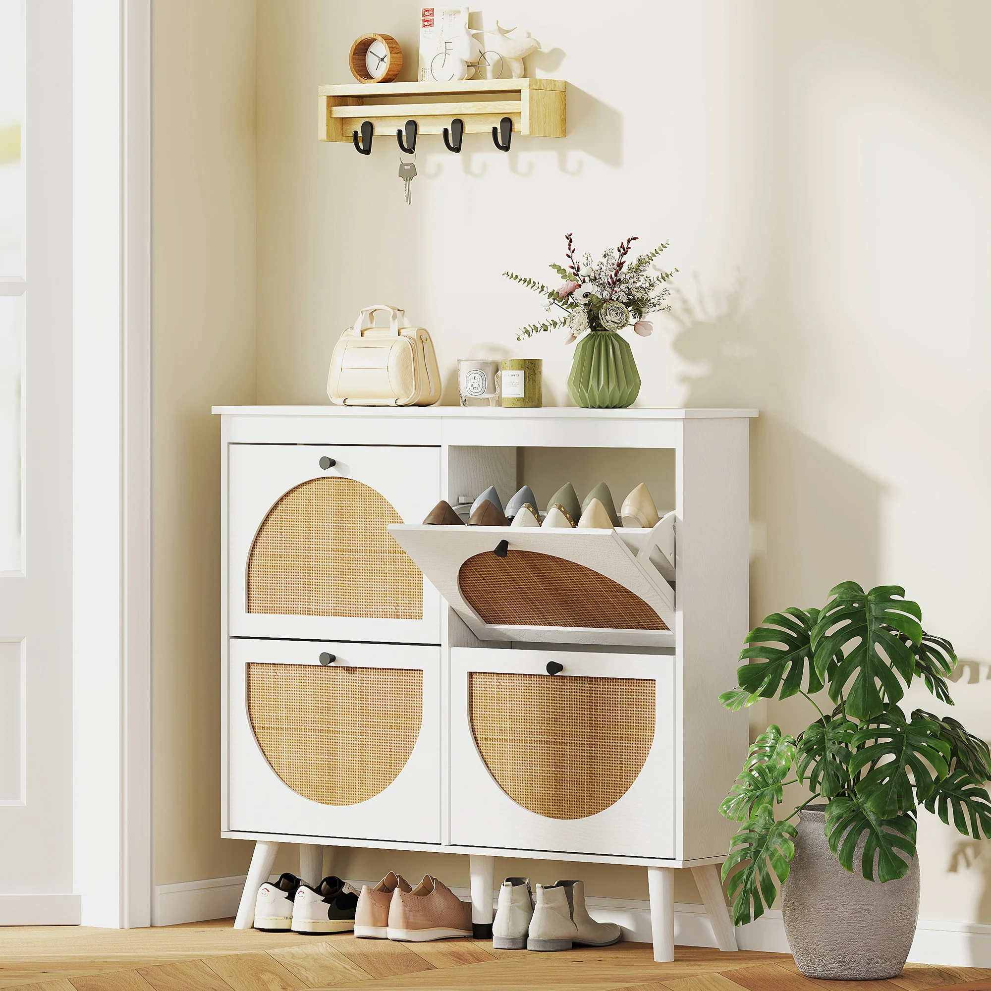 Meuble à chaussures armoire à chaussures 4 abattants 20 paires avec étagère réglable style bohème pieds en bois massif 105 x 24 x 97,5 cm blanc - Image 3