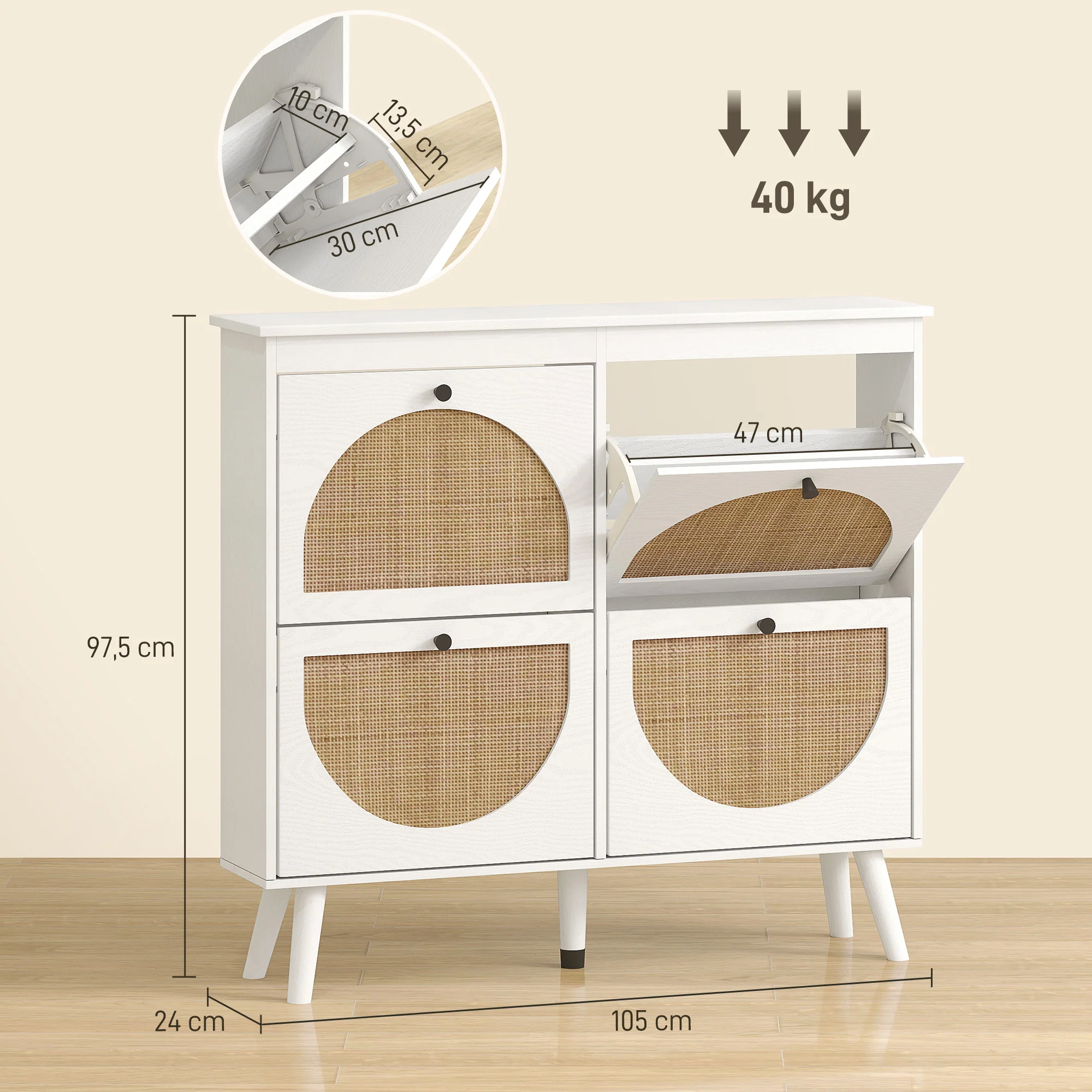 Meuble à chaussures armoire à chaussures 4 abattants 20 paires avec étagère réglable style bohème pieds en bois massif 105 x 24 x 97,5 cm blanc - Image 4