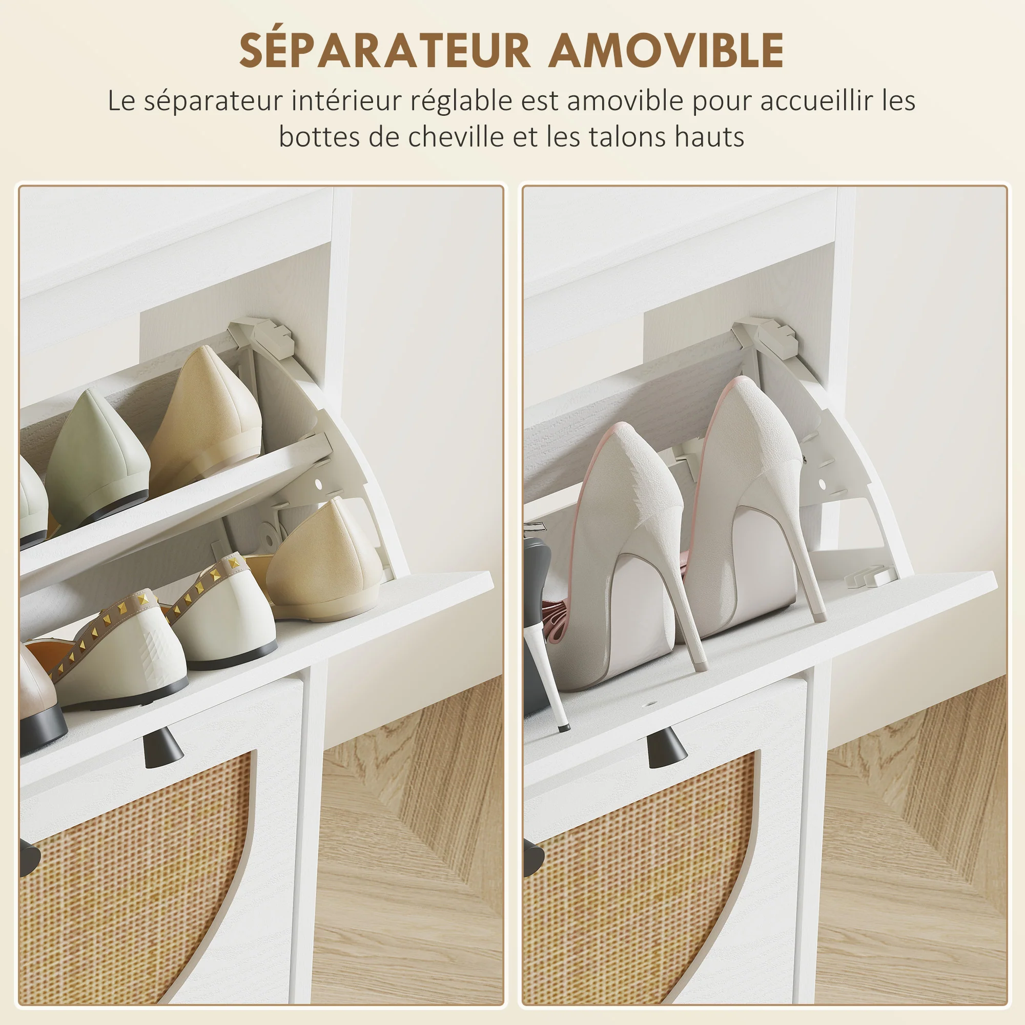 Meuble à chaussures armoire à chaussures 4 abattants 20 paires avec étagère réglable style bohème pieds en bois massif 105 x 24 x 97,5 cm blanc - Image 7