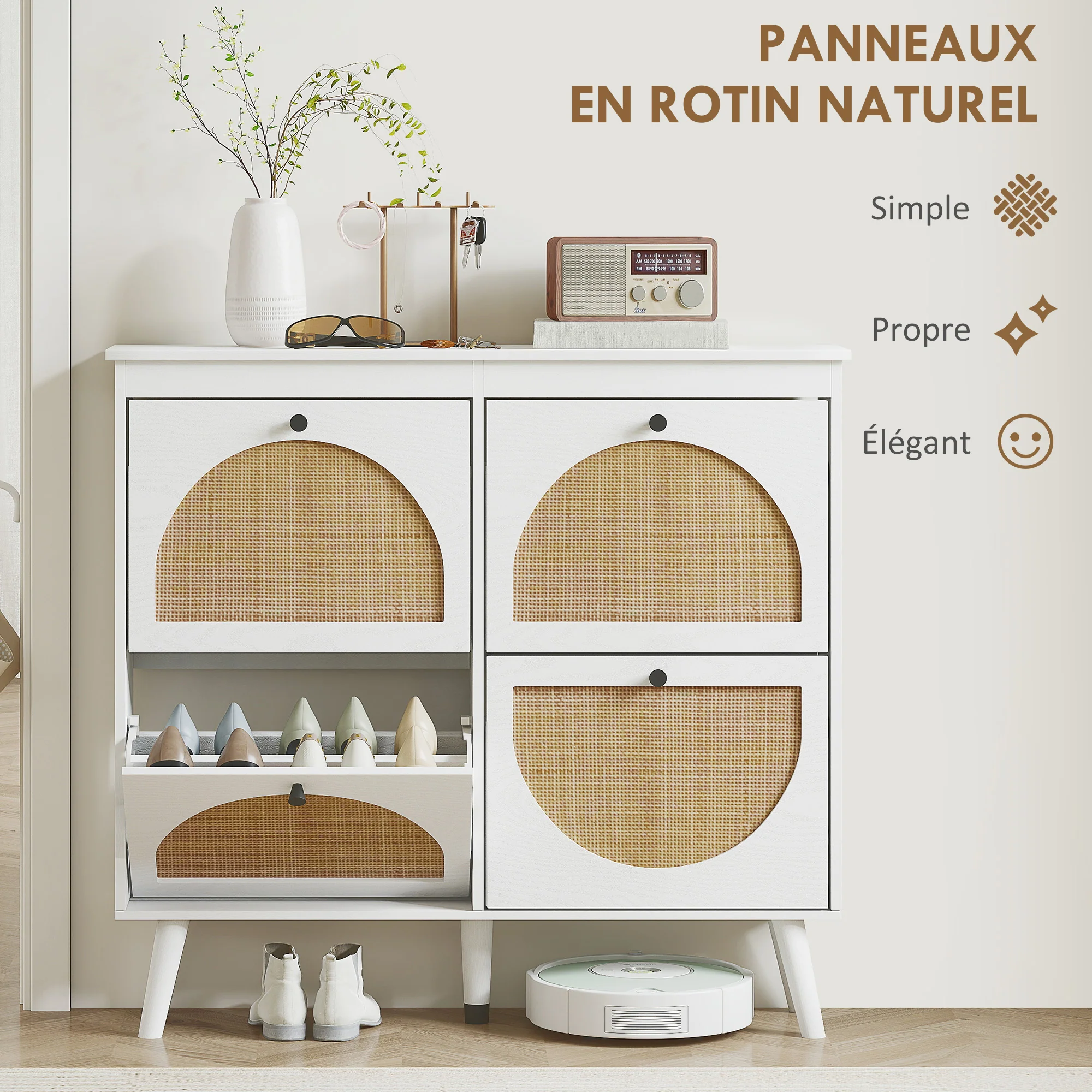 Meuble à chaussures armoire à chaussures 4 abattants 20 paires avec étagère réglable style bohème pieds en bois massif 105 x 24 x 97,5 cm blanc - Image 9