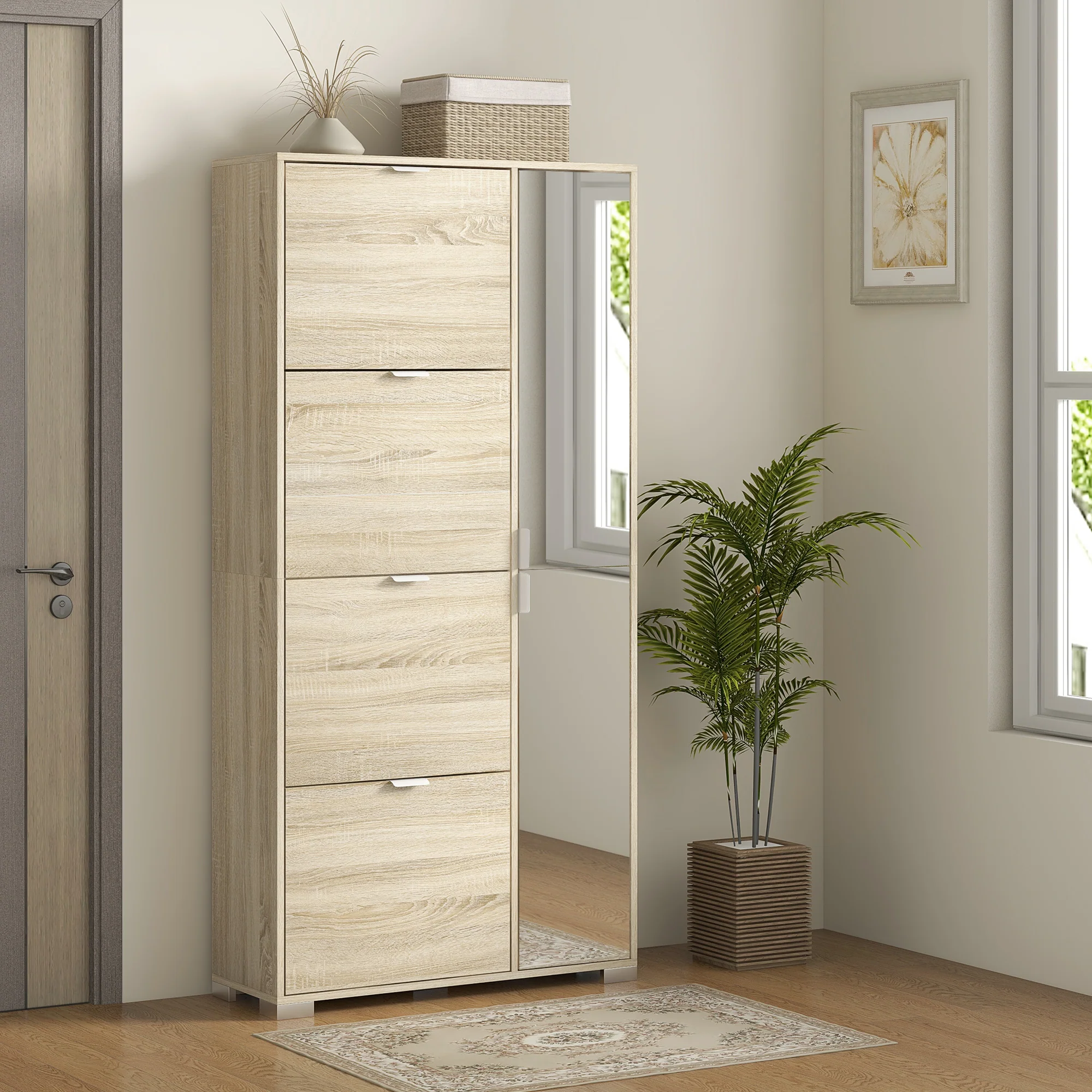Meuble à chaussures armoire à chaussures avec 4 abattants, 2 placards et fa?ades miroir avec étagères réglables pour 16 paires de chaussures, meuble d'entrée - Image 3