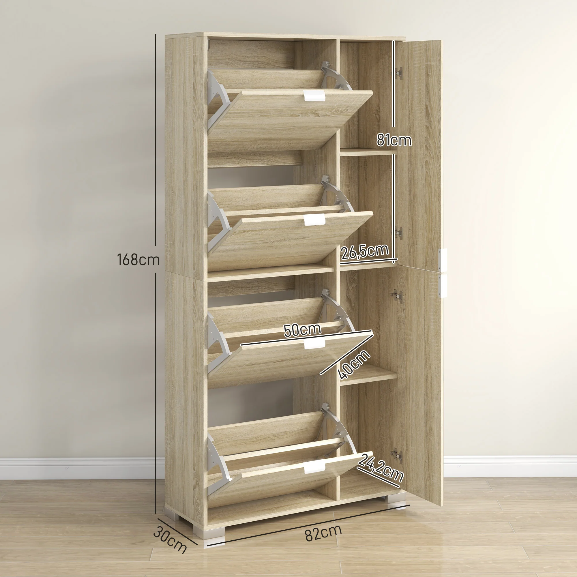 Meuble à chaussures armoire à chaussures avec 4 abattants, 2 placards et fa?ades miroir avec étagères réglables pour 16 paires de chaussures, meuble d'entrée - Image 4