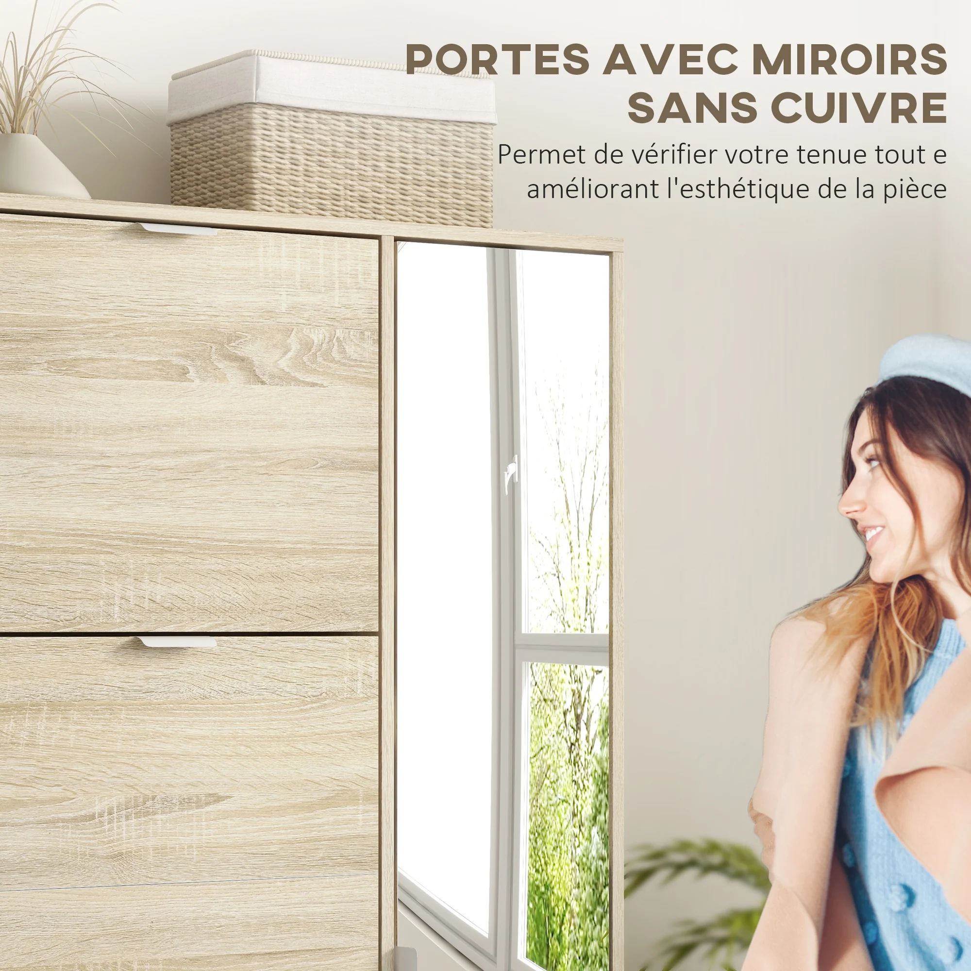 Meuble à chaussures armoire à chaussures avec 4 abattants, 2 placards et fa?ades miroir avec étagères réglables pour 16 paires de chaussures, meuble d'entrée - Image 5