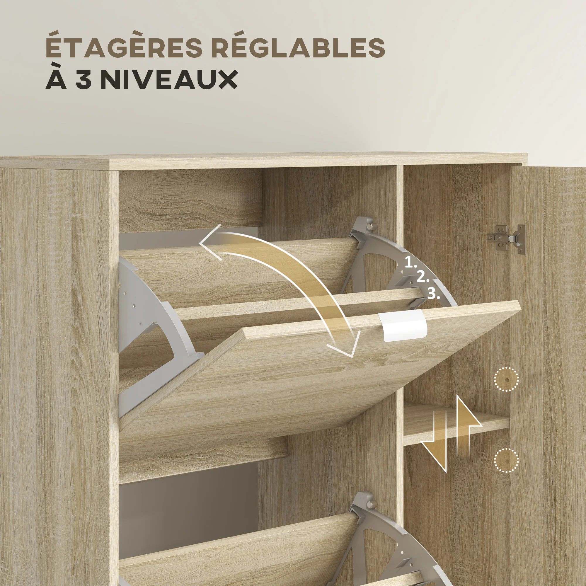 Meuble à chaussures armoire à chaussures avec 4 abattants, 2 placards et fa?ades miroir avec étagères réglables pour 16 paires de chaussures, meuble d'entrée - Image 7