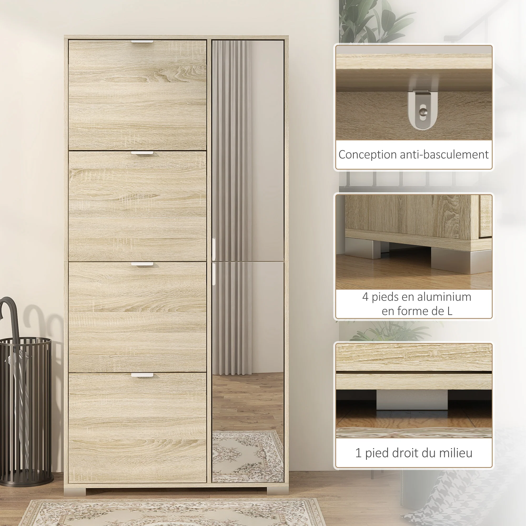 Meuble à chaussures armoire à chaussures avec 4 abattants, 2 placards et fa?ades miroir avec étagères réglables pour 16 paires de chaussures, meuble d'entrée - Image 9