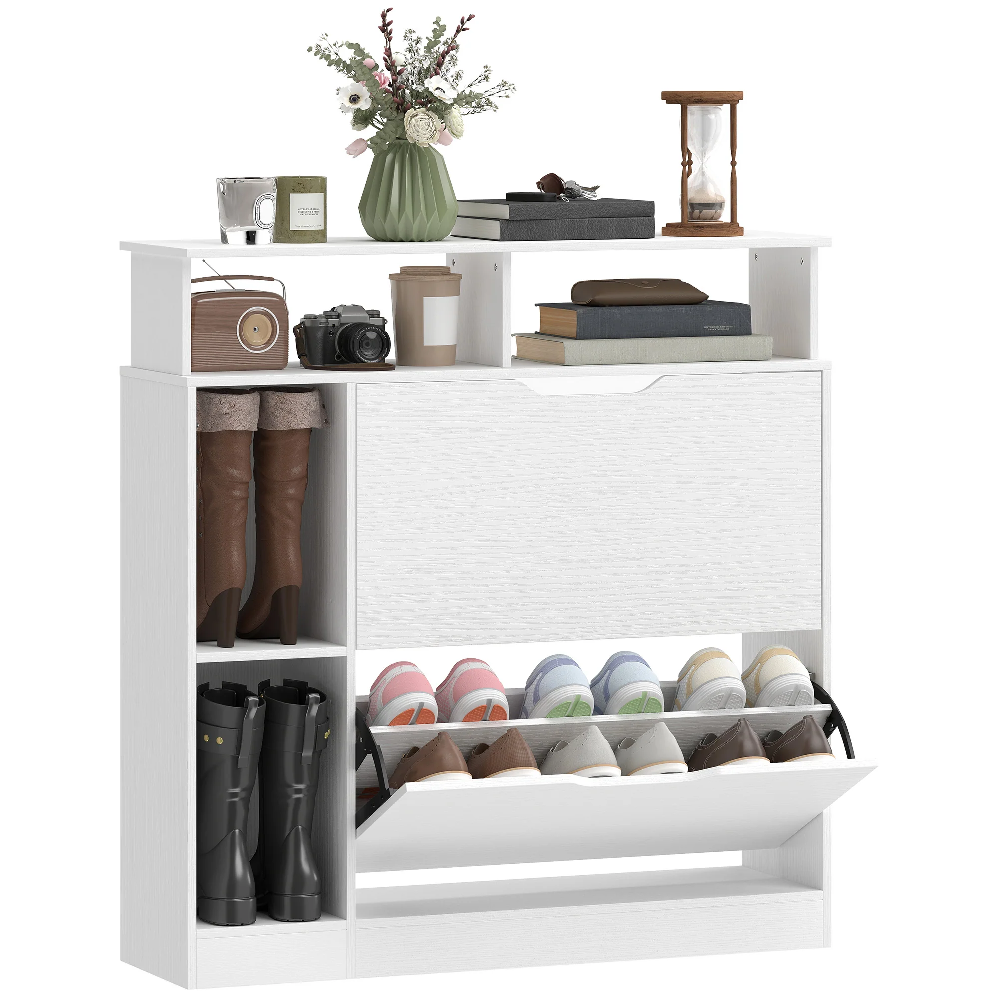 Meuble à Chaussures, Armoire à Chaussures Étroite avec 2 Tiroirs Rabattables, Compartiments Ouverts et Étagère Réglable, pour Couloir et Entrée, 89 x 25 x 92 cm, Blanc - Image 10