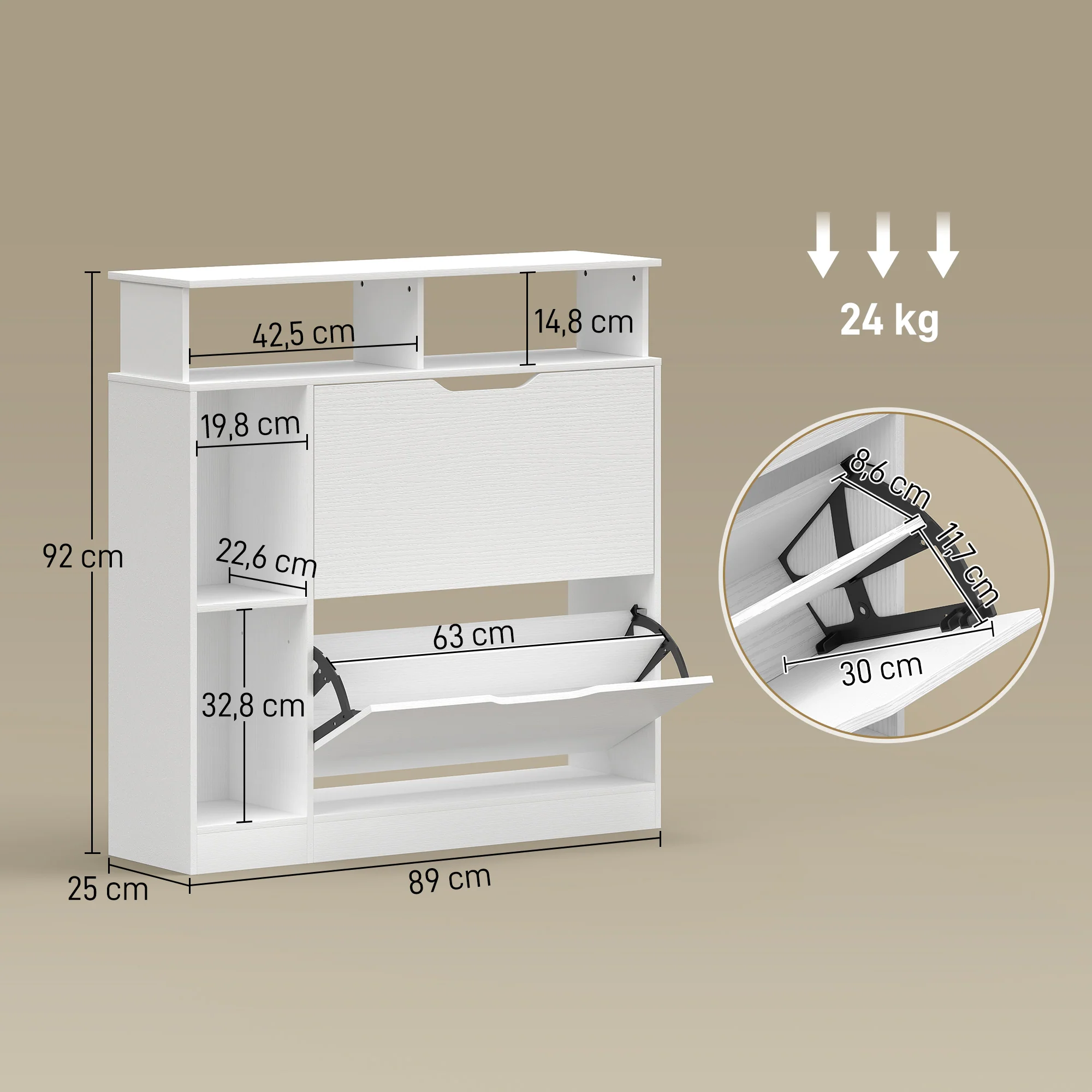 Meuble à Chaussures, Armoire à Chaussures Étroite avec 2 Tiroirs Rabattables, Compartiments Ouverts et Étagère Réglable, pour Couloir et Entrée, 89 x 25 x 92 cm, Blanc - Image 4