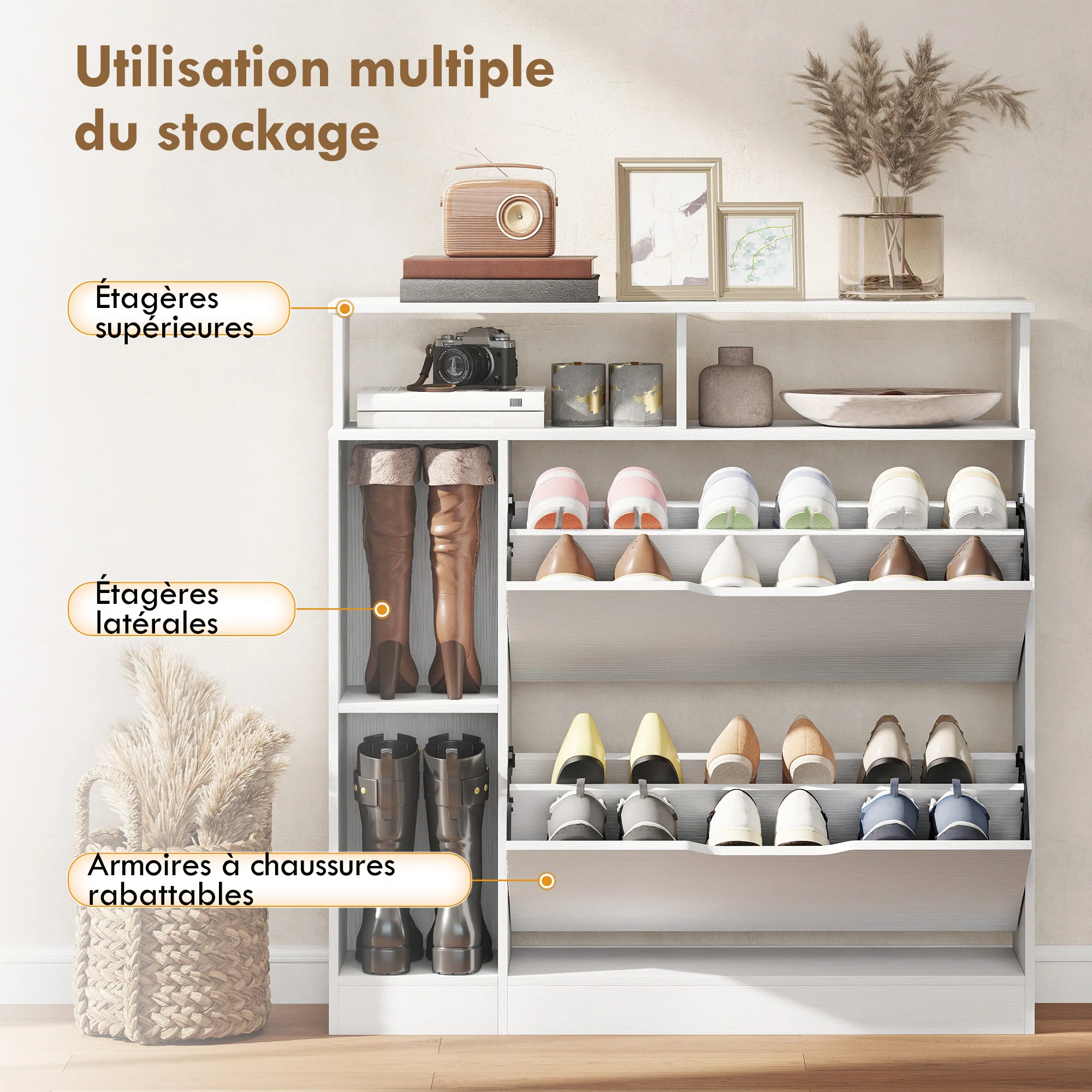 Meuble à Chaussures, Armoire à Chaussures Étroite avec 2 Tiroirs Rabattables, Compartiments Ouverts et Étagère Réglable, pour Couloir et Entrée, 89 x 25 x 92 cm, Blanc - Image 5
