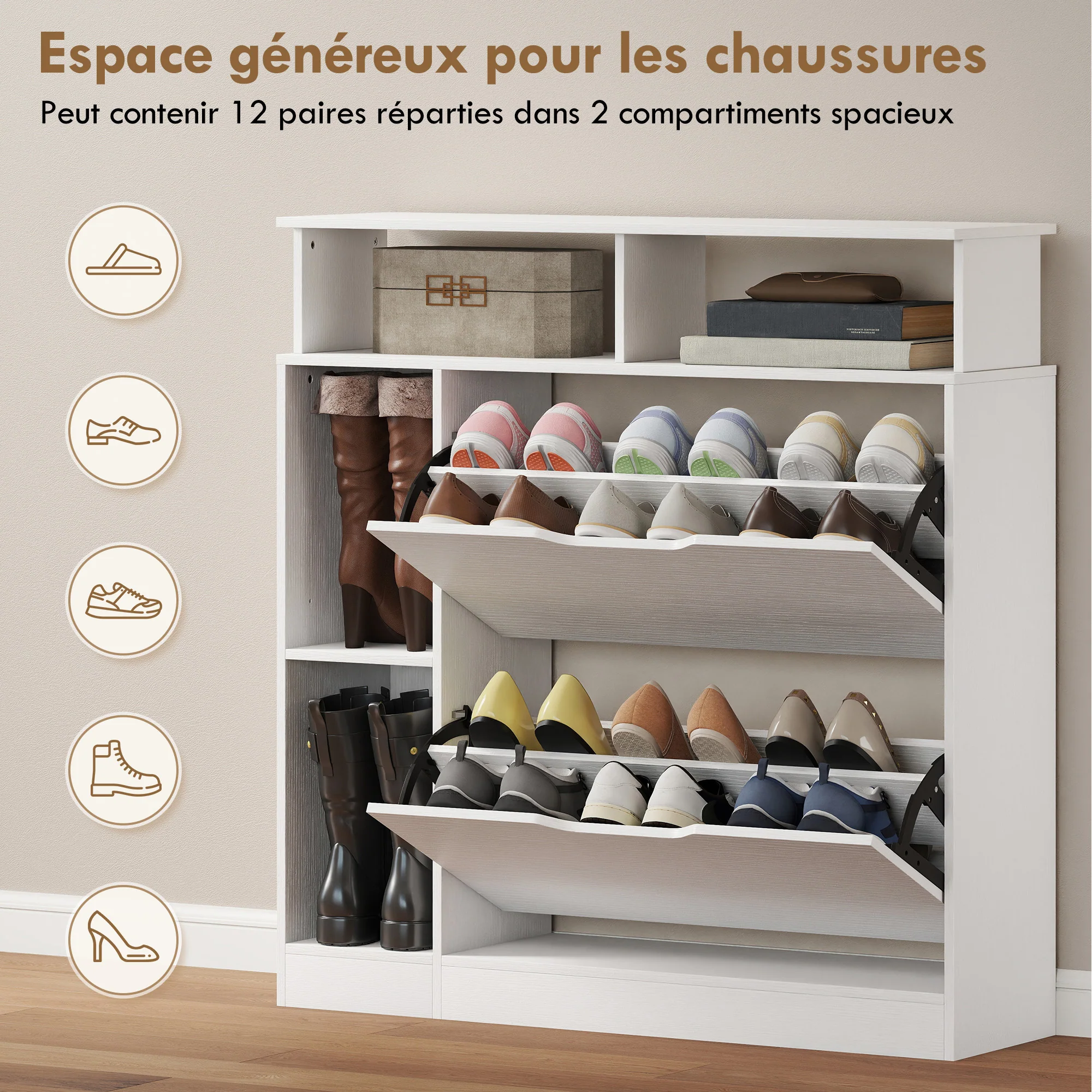 Meuble à Chaussures, Armoire à Chaussures Étroite avec 2 Tiroirs Rabattables, Compartiments Ouverts et Étagère Réglable, pour Couloir et Entrée, 89 x 25 x 92 cm, Blanc - Image 6