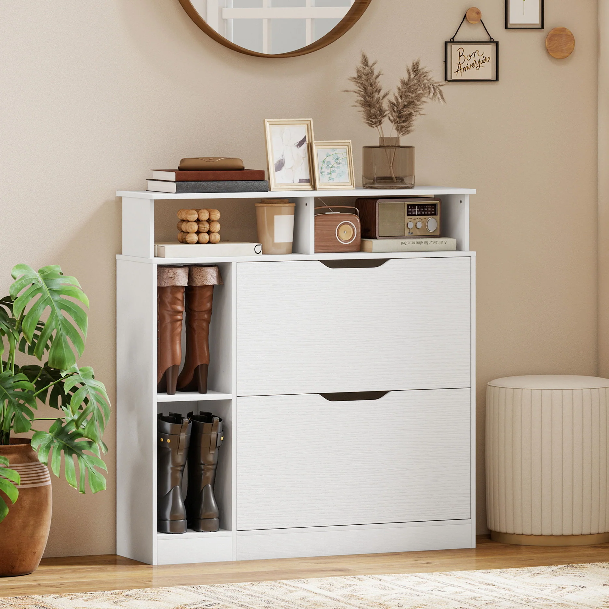 Meuble à Chaussures, Armoire à Chaussures Étroite avec 2 Tiroirs Rabattables, Compartiments Ouverts et Étagère Réglable, pour Couloir et Entrée, 89 x 25 x 92 cm, Blanc - Image 9