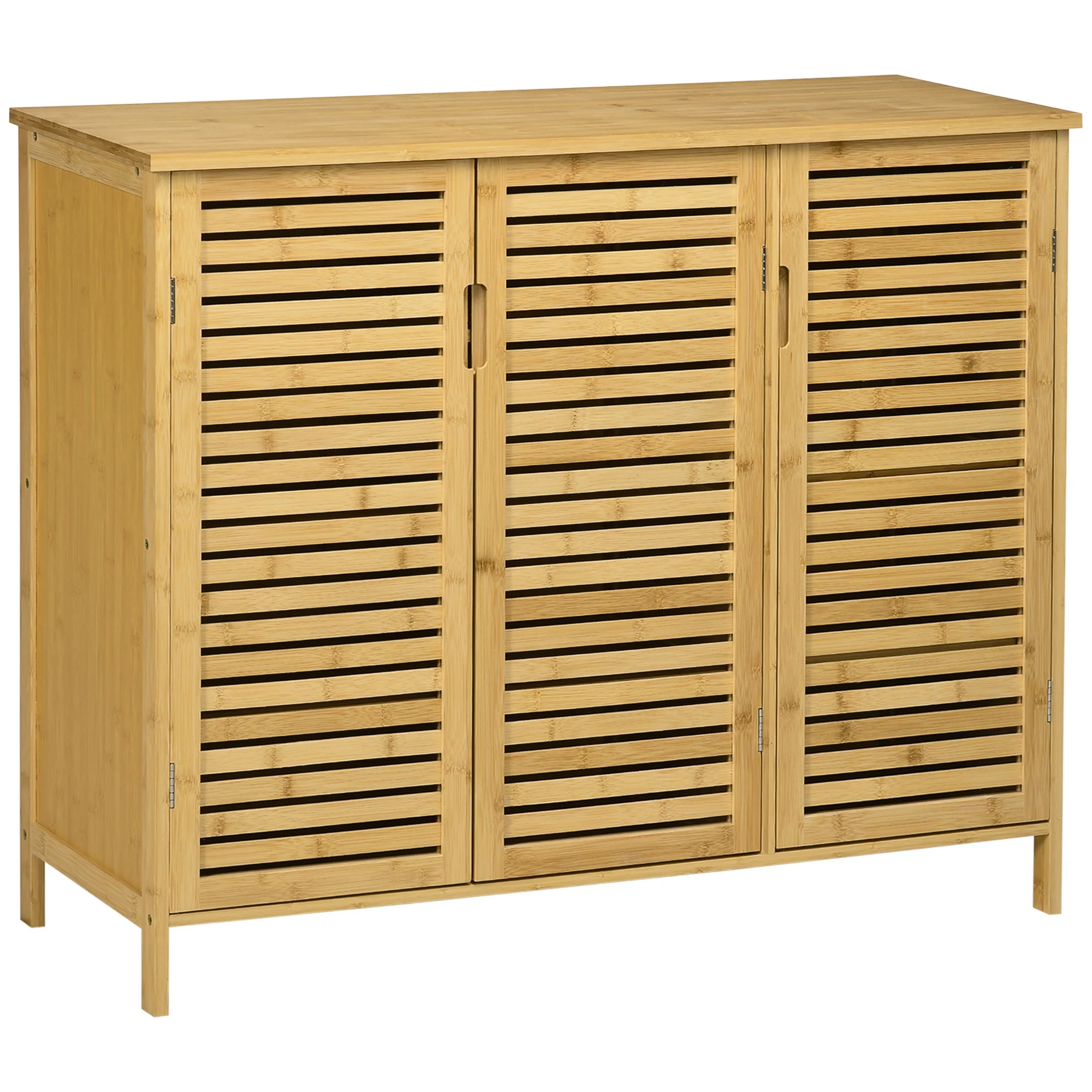 Meuble à chaussures armoire à chaussures style naturel - 3 portes ajourées et étagères en bambou - dim. 100L x 35l x 80H cm bois naturel - Image 11