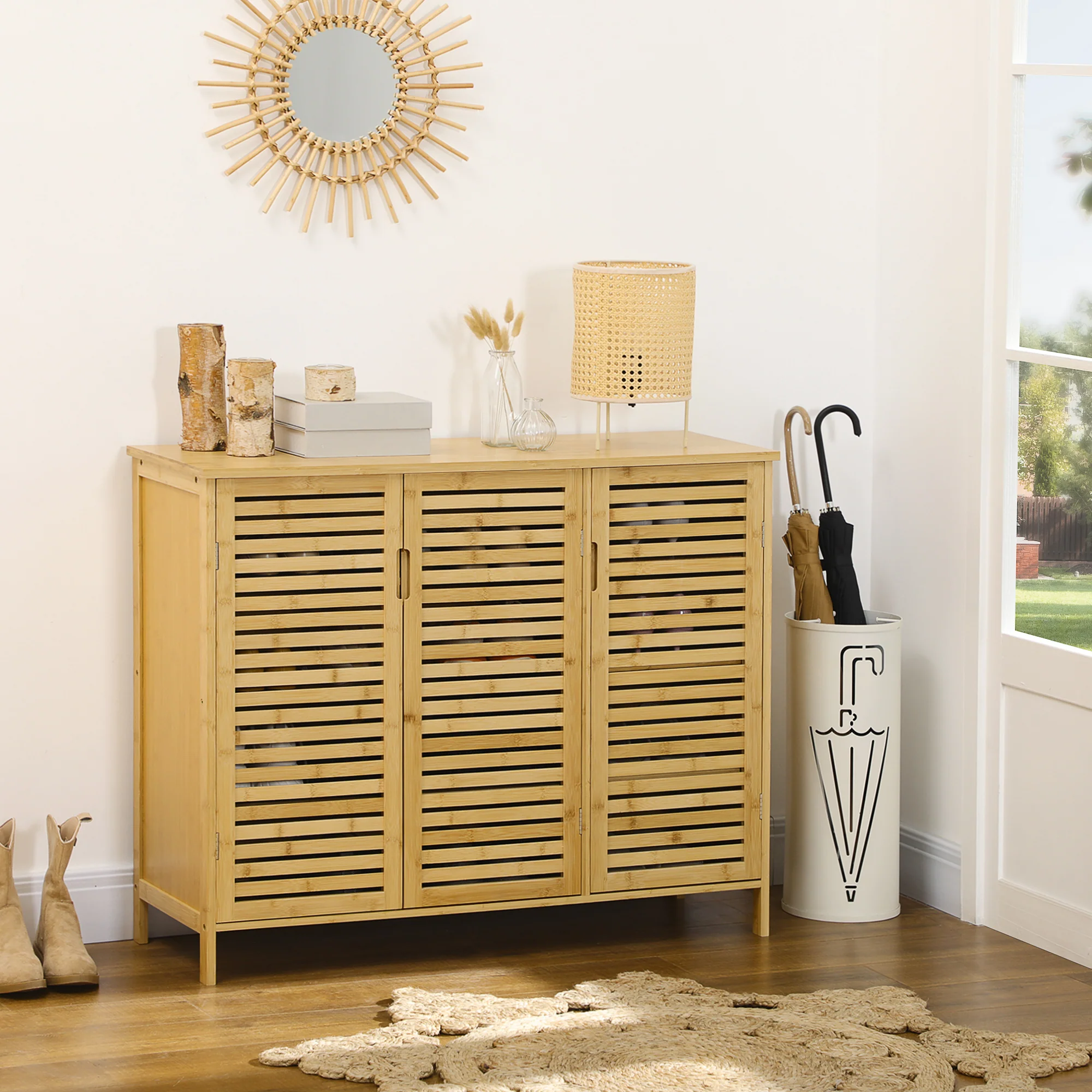 Meuble à chaussures armoire à chaussures style naturel - 3 portes ajourées et étagères en bambou - dim. 100L x 35l x 80H cm bois naturel - Image 3