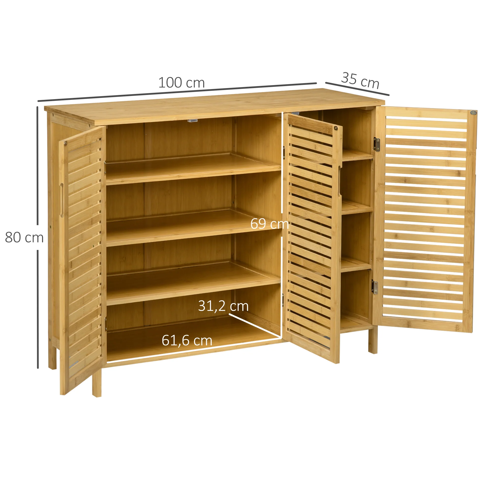 Meuble à chaussures armoire à chaussures style naturel - 3 portes ajourées et étagères en bambou - dim. 100L x 35l x 80H cm bois naturel - Image 4