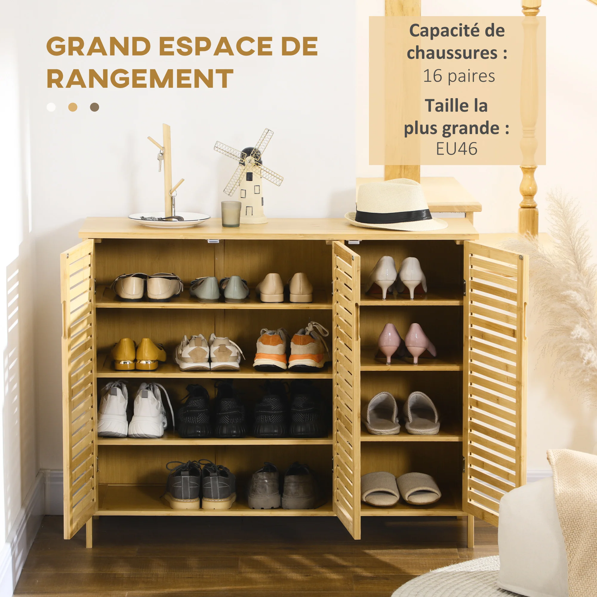 Meuble à chaussures armoire à chaussures style naturel - 3 portes ajourées et étagères en bambou - dim. 100L x 35l x 80H cm bois naturel - Image 5