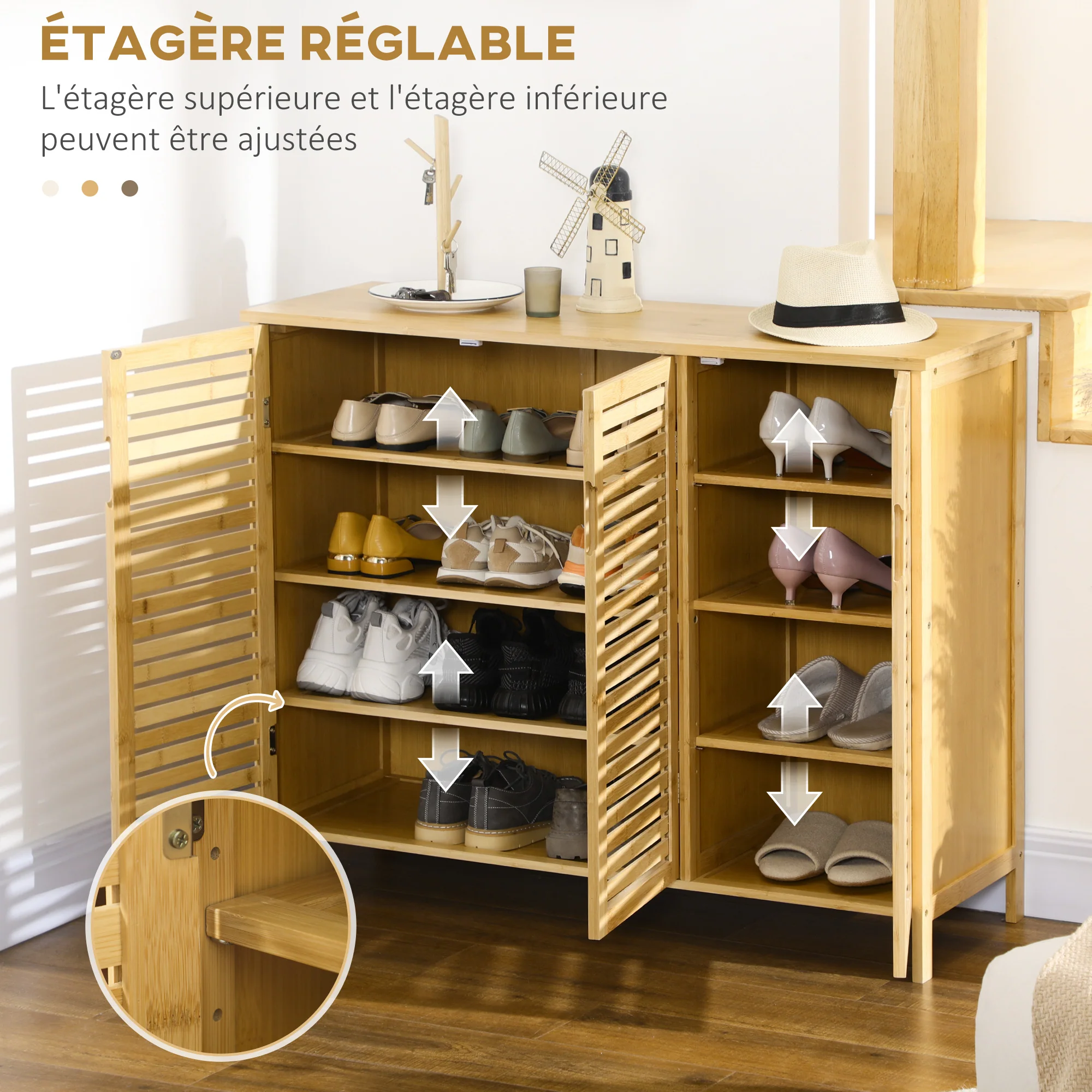 Meuble à chaussures armoire à chaussures style naturel - 3 portes ajourées et étagères en bambou - dim. 100L x 35l x 80H cm bois naturel - Image 6