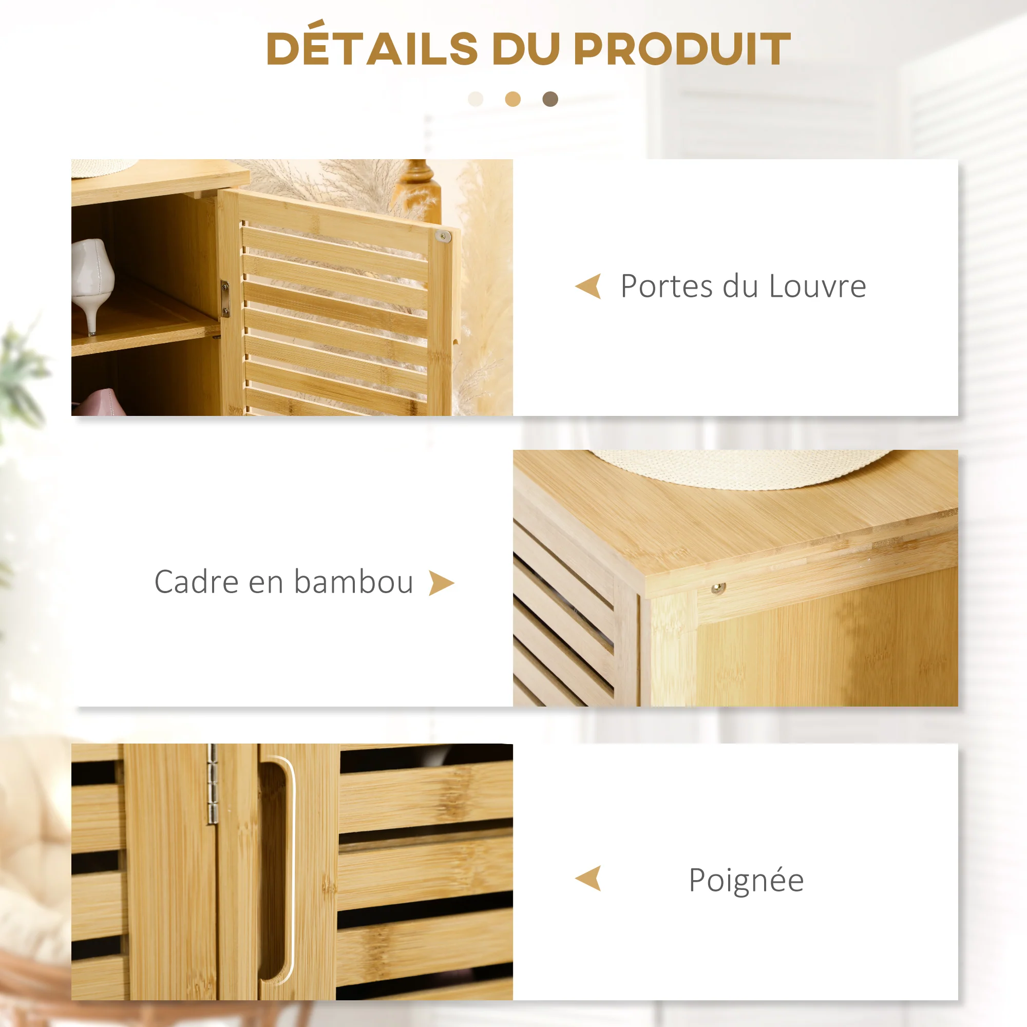 Meuble à chaussures armoire à chaussures style naturel - 3 portes ajourées et étagères en bambou - dim. 100L x 35l x 80H cm bois naturel - Image 7