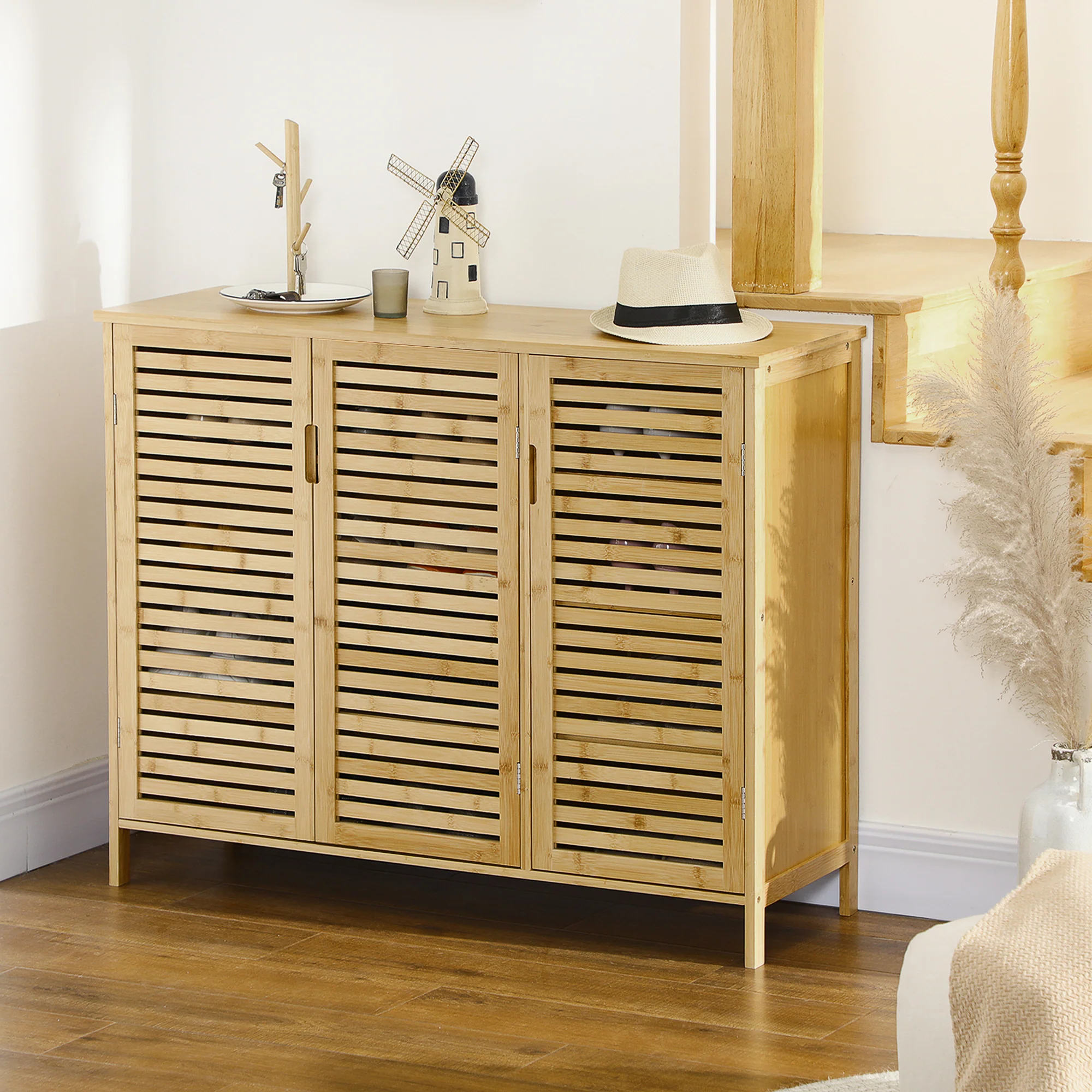 Meuble à chaussures armoire à chaussures style naturel - 3 portes ajourées et étagères en bambou - dim. 100L x 35l x 80H cm bois naturel - Image 8