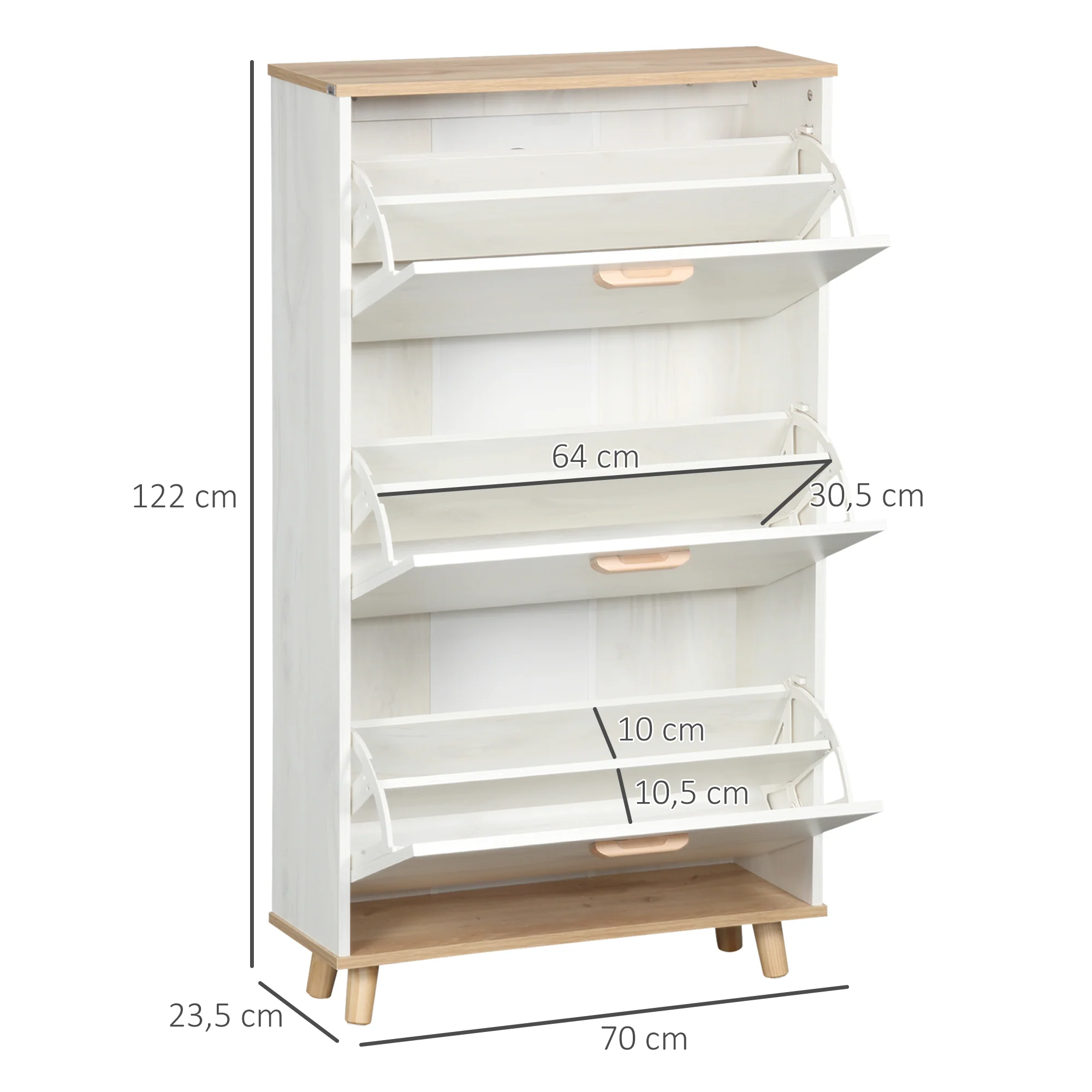 Meuble à chaussures étagère à chaussures style scandinave 3 abattants aspect bois - 70 x 23,5 x 122 cm - crème - Image 4