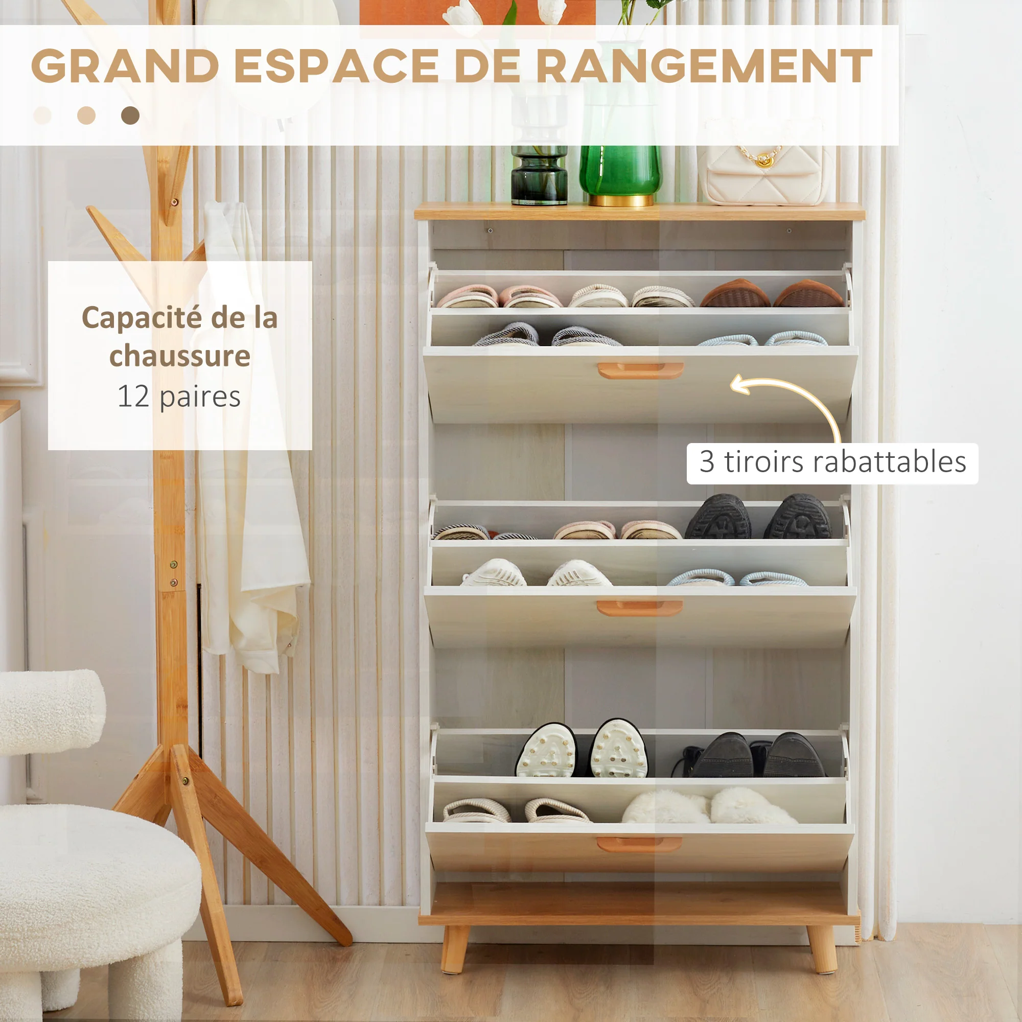 Meuble à chaussures étagère à chaussures style scandinave 3 abattants aspect bois - 70 x 23,5 x 122 cm - crème - Image 5