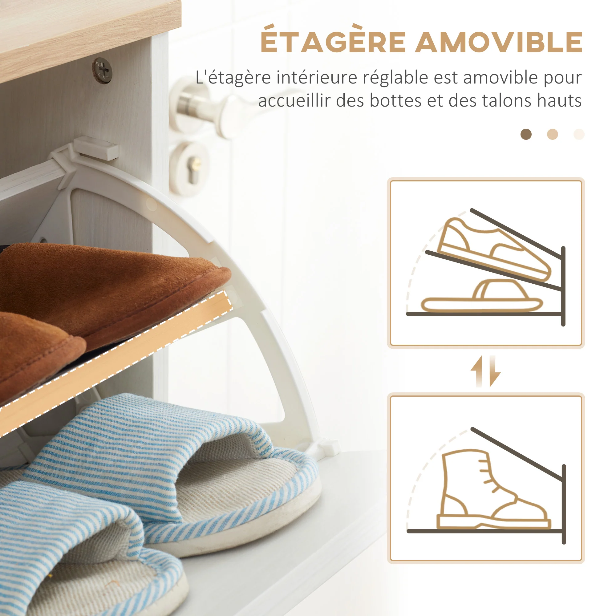 Meuble à chaussures étagère à chaussures style scandinave 3 abattants aspect bois - 70 x 23,5 x 122 cm - crème - Image 9