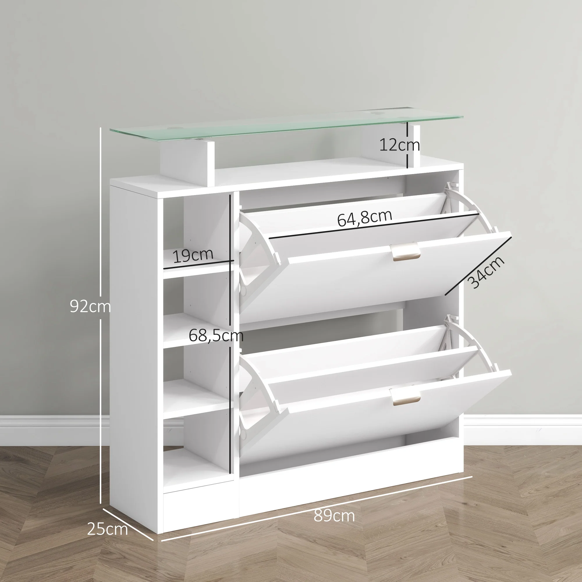 Meuble à chaussures moderne avec deux tiroirs rabattables pour 12 paires, armoire à chaussures avec plateau en verre et étagères réglables, 89 x 25 x 92 cm, blanc - Image 4