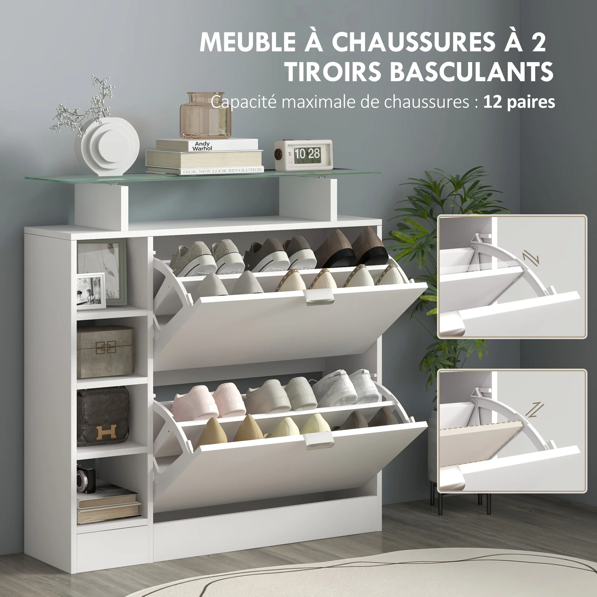 Meuble à chaussures moderne avec deux tiroirs rabattables pour 12 paires, armoire à chaussures avec plateau en verre et étagères réglables, 89 x 25 x 92 cm, blanc - Image 5