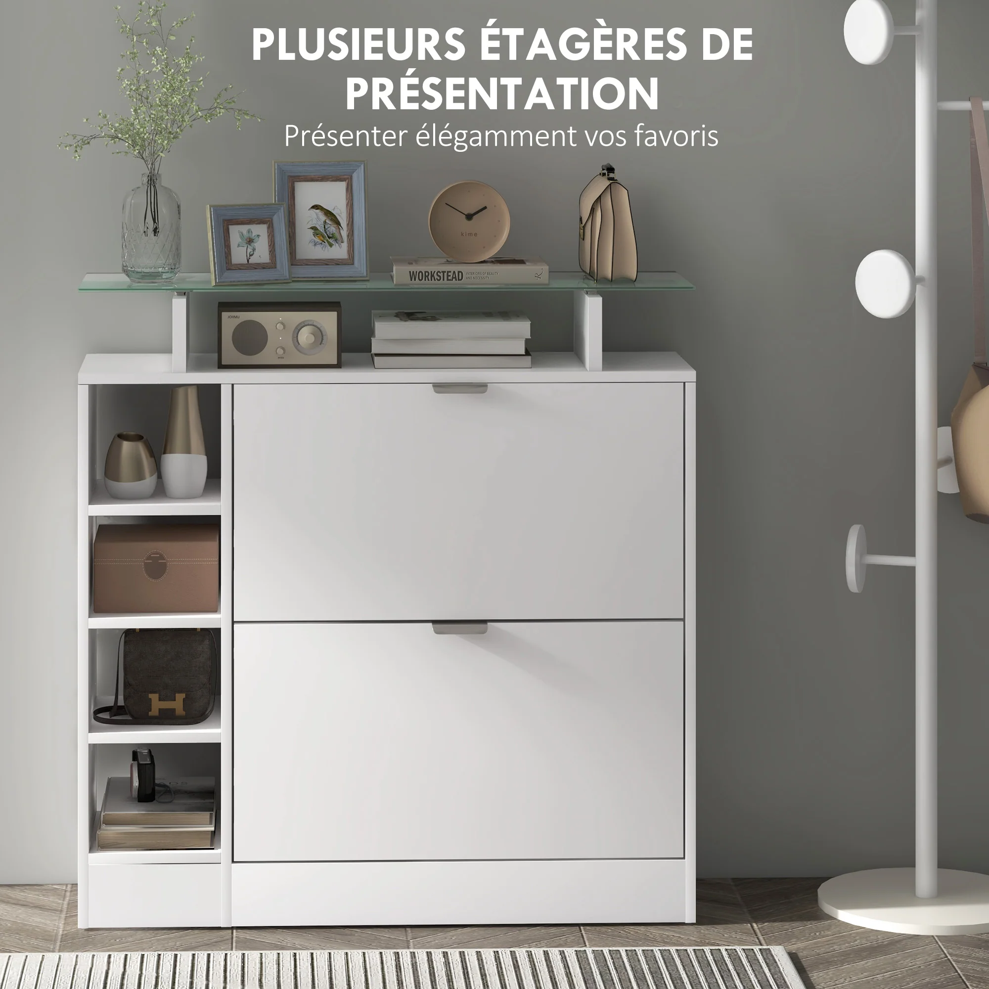 Meuble à chaussures moderne avec deux tiroirs rabattables pour 12 paires, armoire à chaussures avec plateau en verre et étagères réglables, 89 x 25 x 92 cm, blanc - Image 6