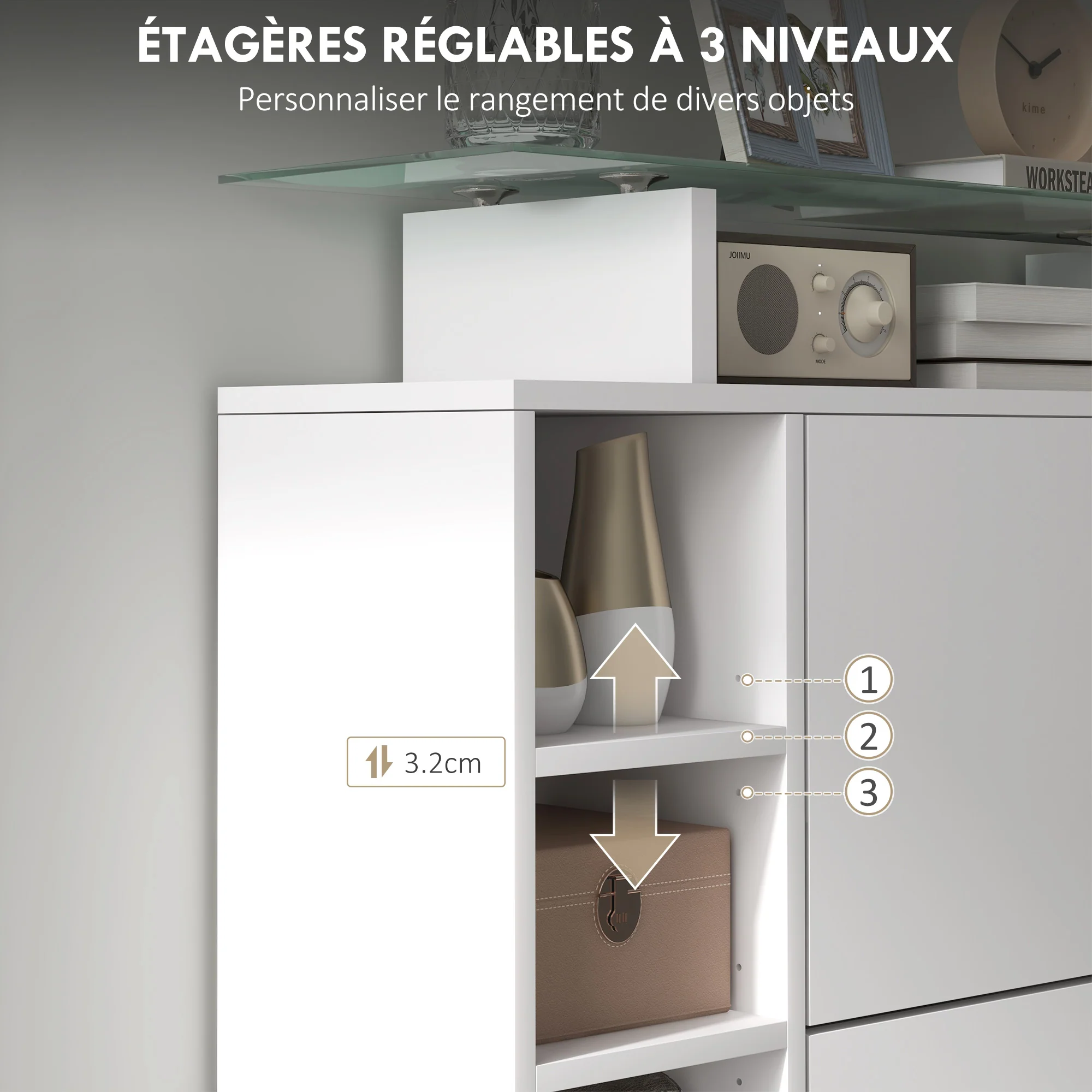 Meuble à chaussures moderne avec deux tiroirs rabattables pour 12 paires, armoire à chaussures avec plateau en verre et étagères réglables, 89 x 25 x 92 cm, blanc - Image 7